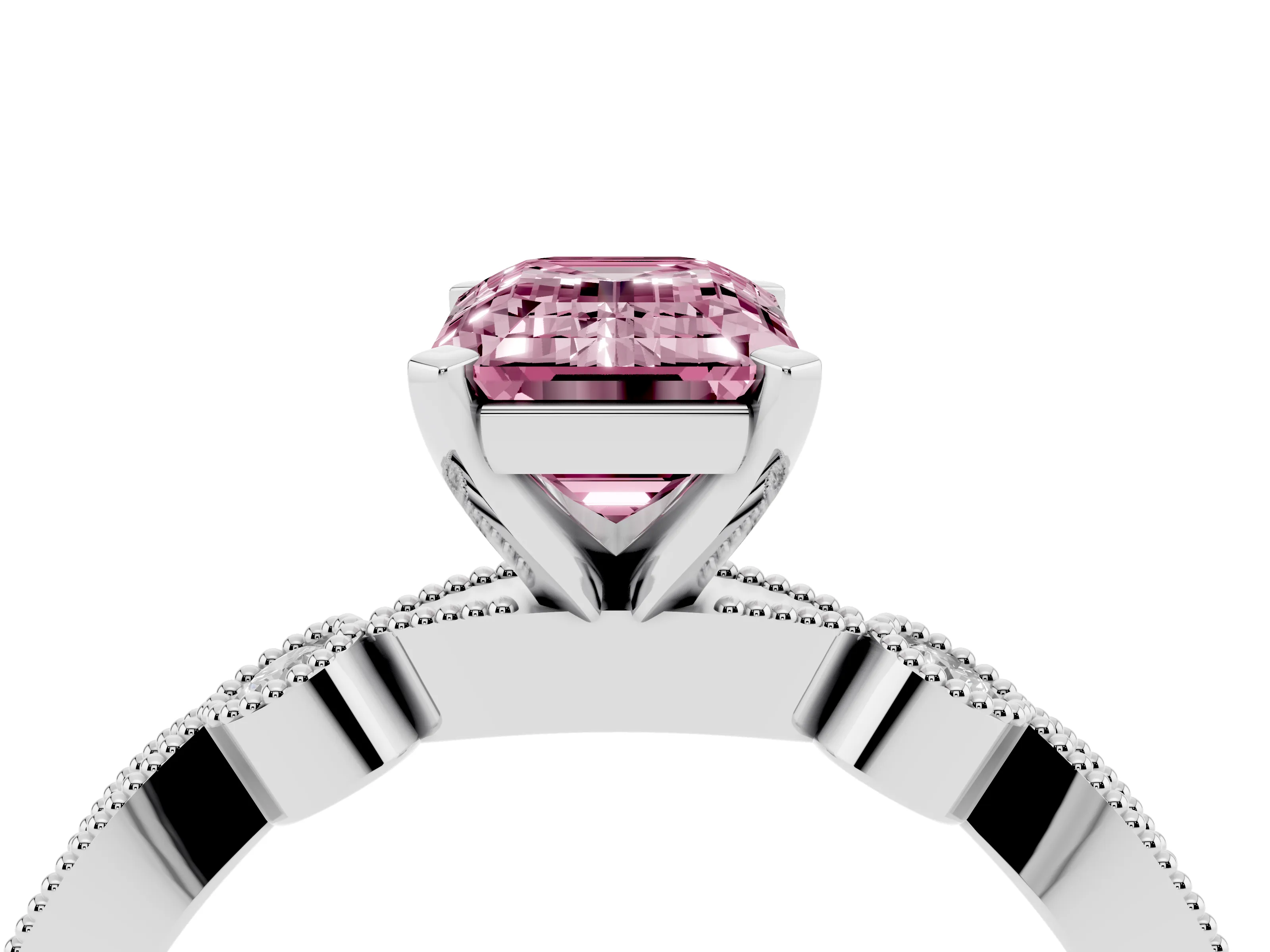Fancy Pink Emerald Cut Diamond Solitaire Engagement Ring Set in Silver with Milgrain Bezel Accent Band