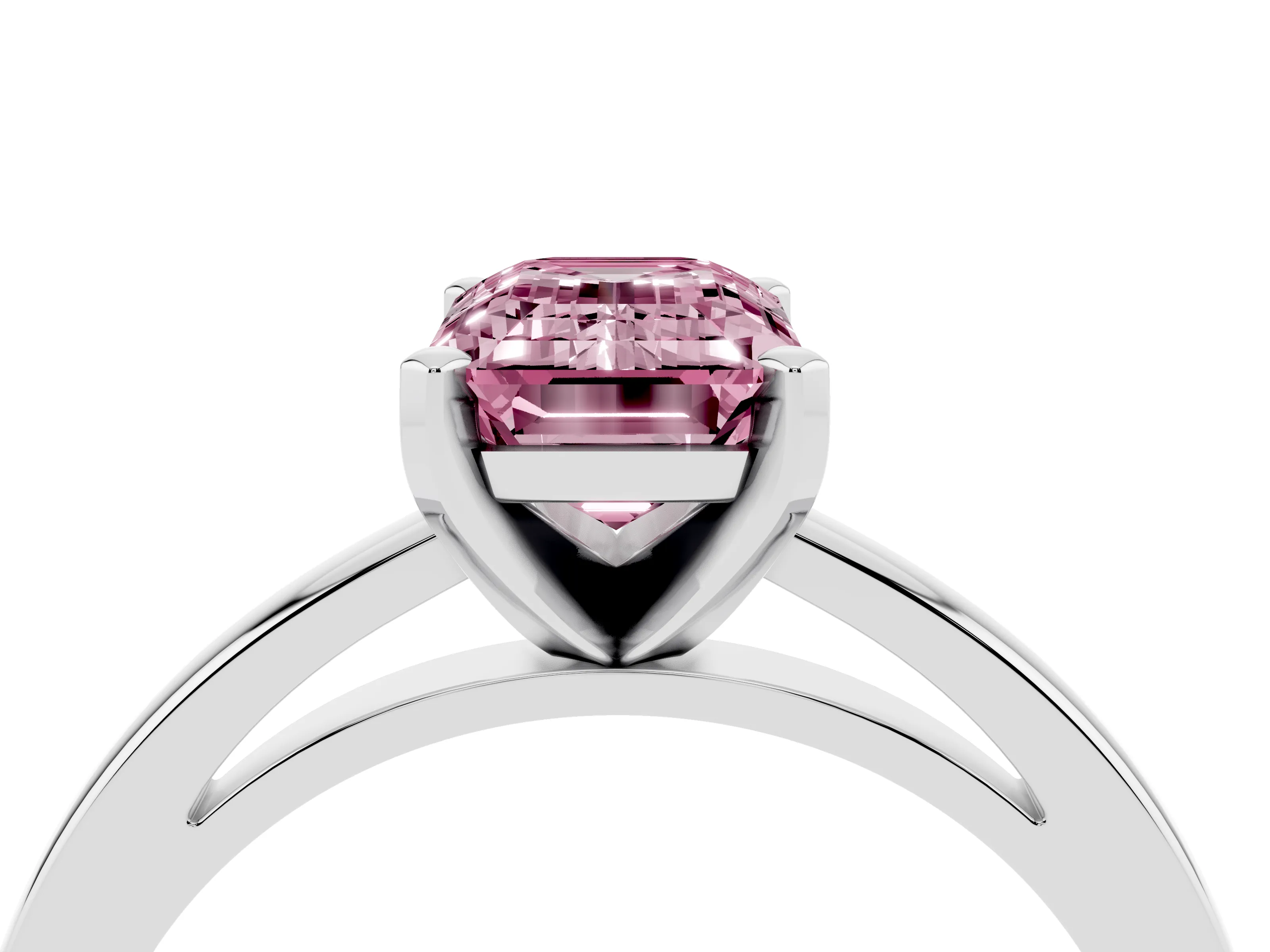 Fancy Pink Emerald Cut Diamond Solitaire Engagement Ring Set in Platinum with Prong Setting on a Classic Band