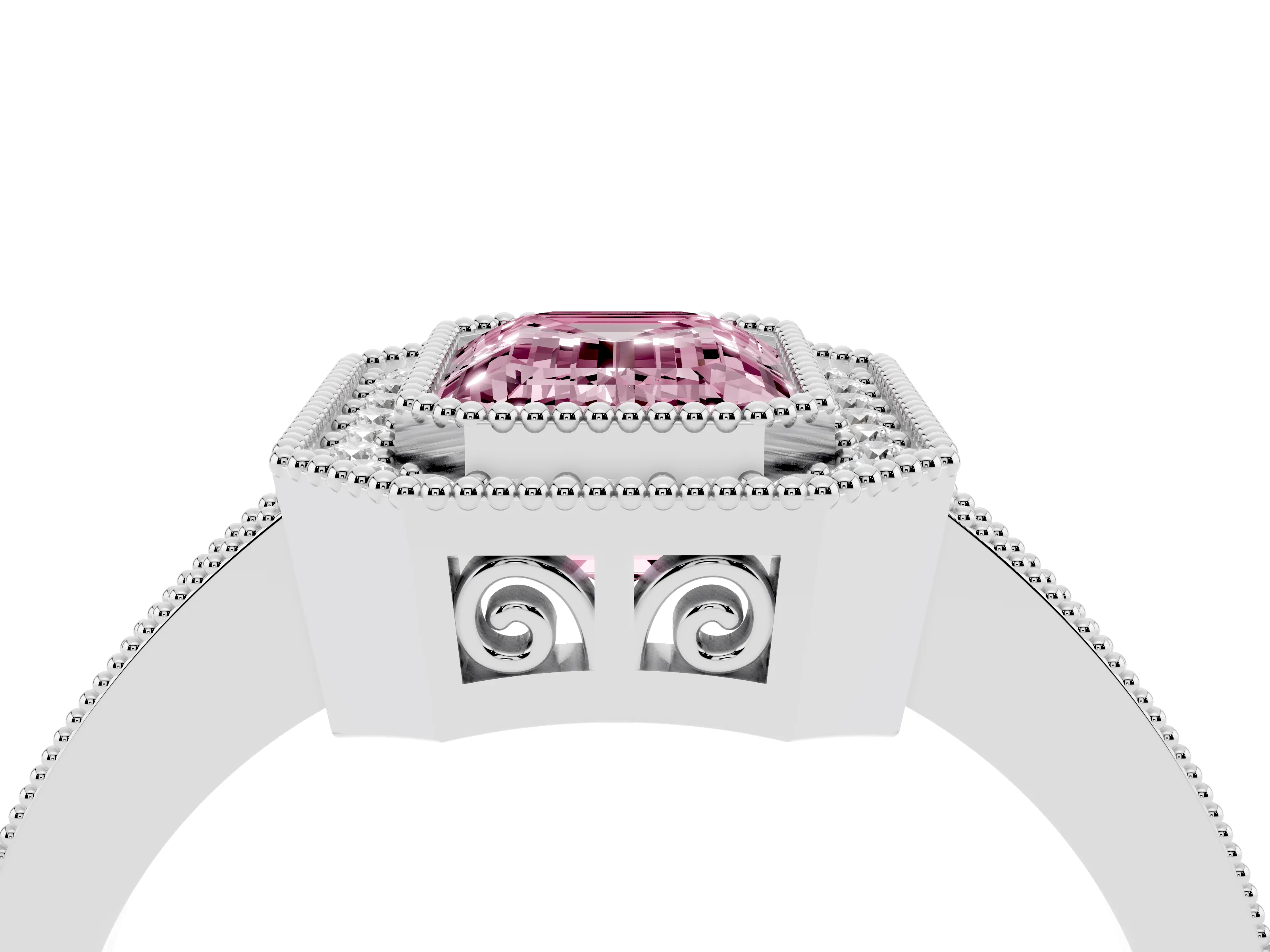 Fancy Pink Emerald Cut Diamond Round Halo Ring Set in Silver with Pavé Band