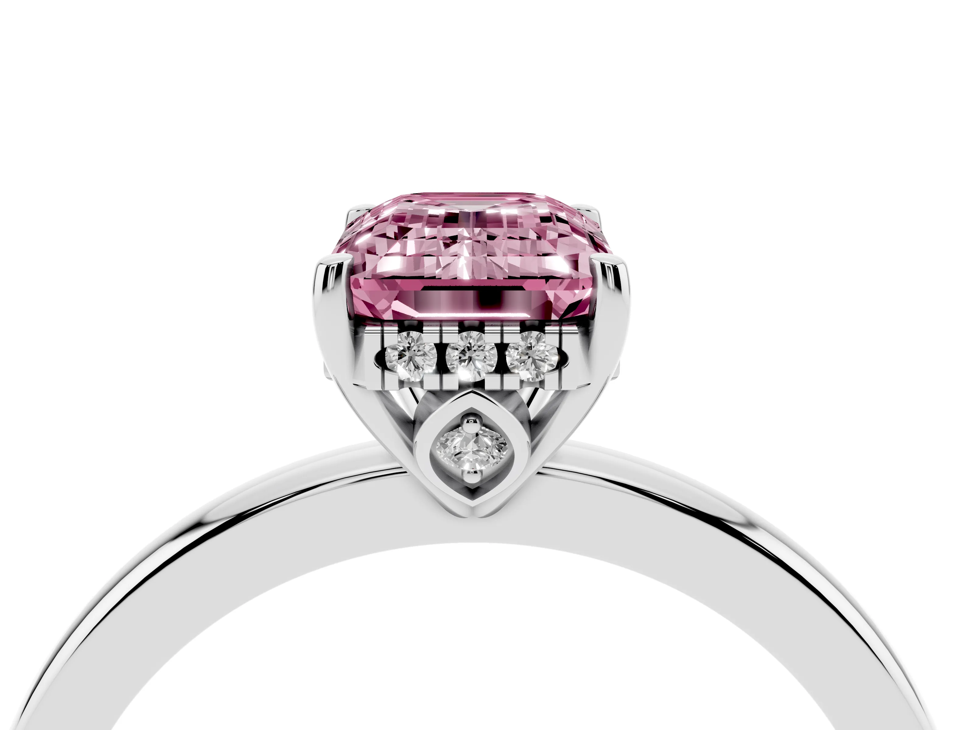 Fancy Pink Emerald Cut Diamond Solitaire Ring Set in Silver with Plain Band and Prong Setting
