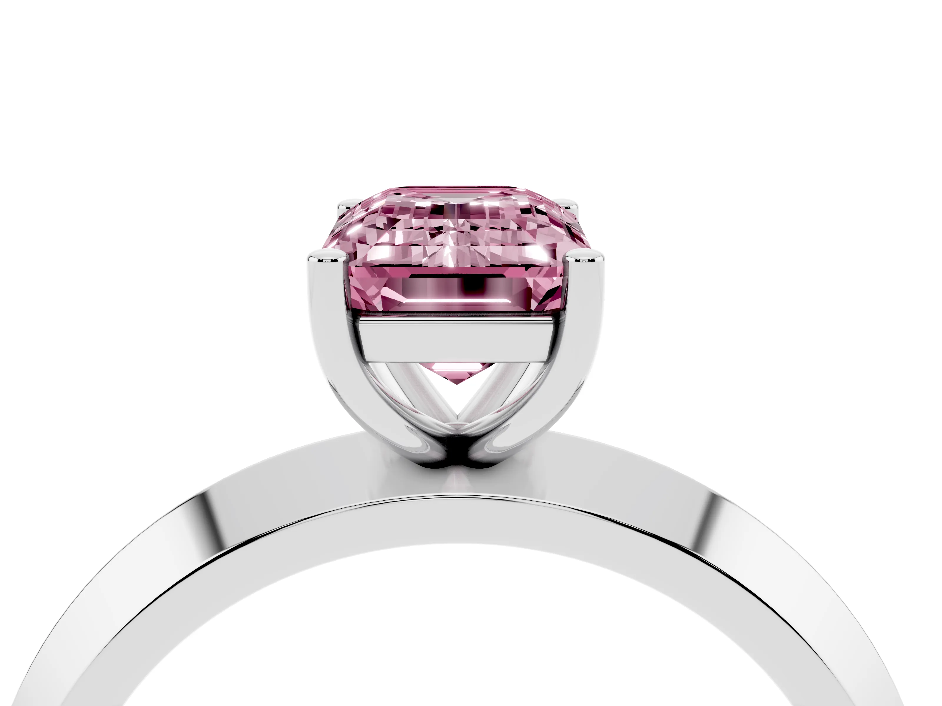 Fancy Pink Emerald Cut Diamond Solitaire Engagement Ring Set in Silver with Flat Band and Prong Setting