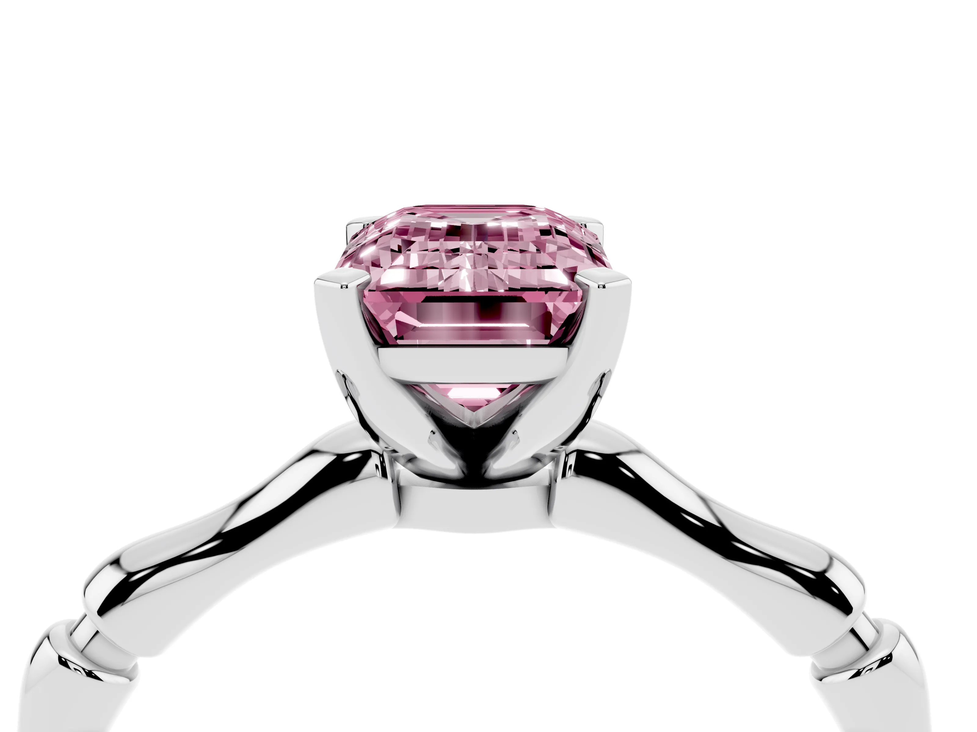 Fancy Pink Emerald Cut Diamond Solitaire Ring Set in Silver with Bamboo Band and Prong Setting