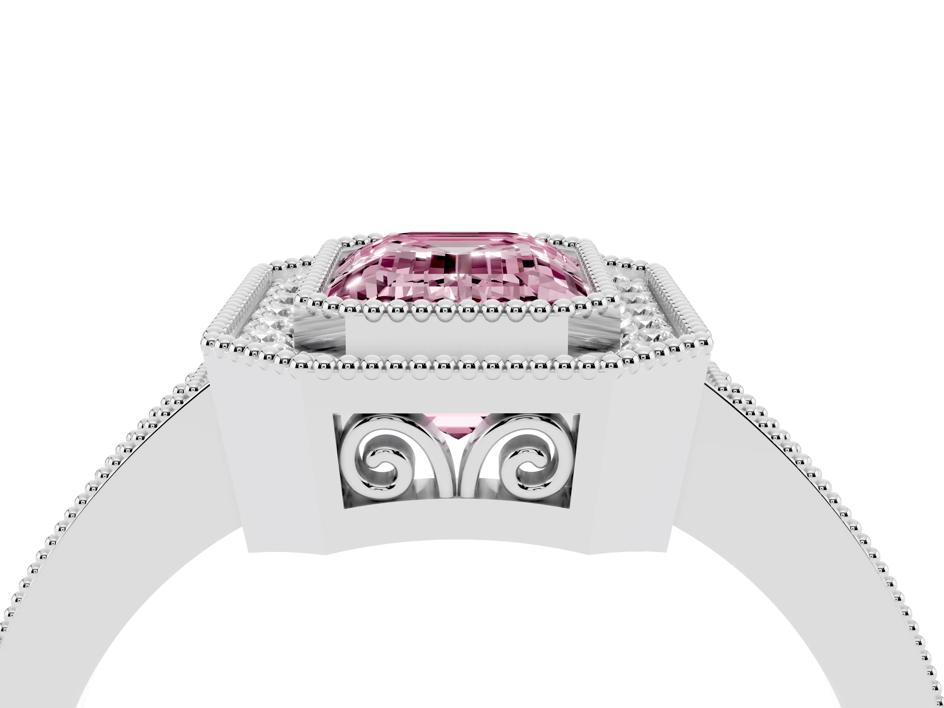 Fancy Pink Emerald Cut Diamond Halo Ring Set in White gold with Pavé Band and Milgrain-Edged Prongs