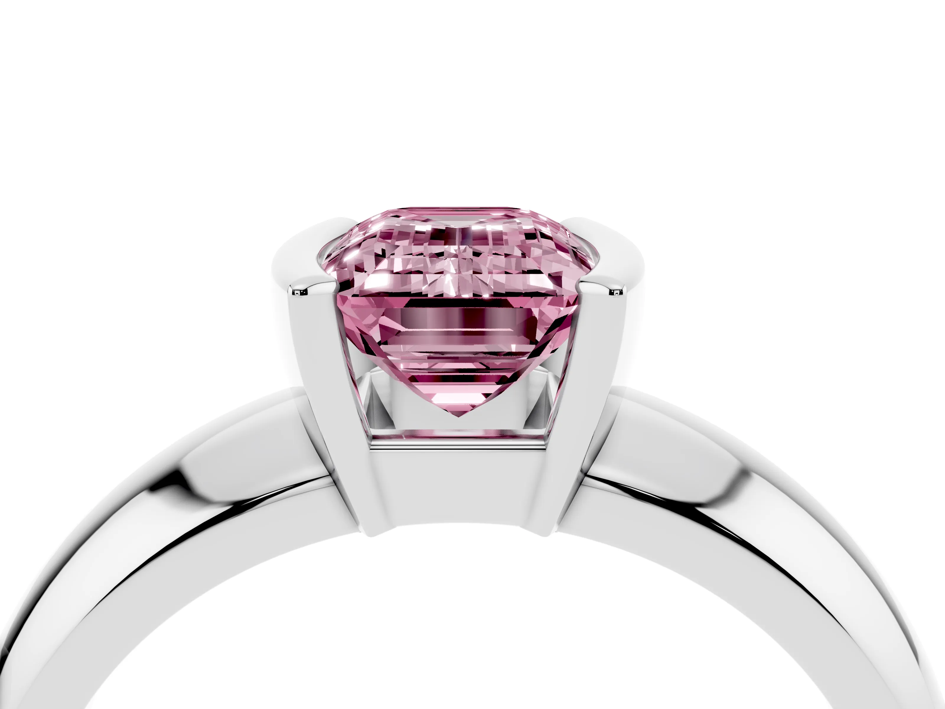 Fancy Pink Emerald Cut Diamond Solitaire Tension Set Ring Set in White gold with Wide Band