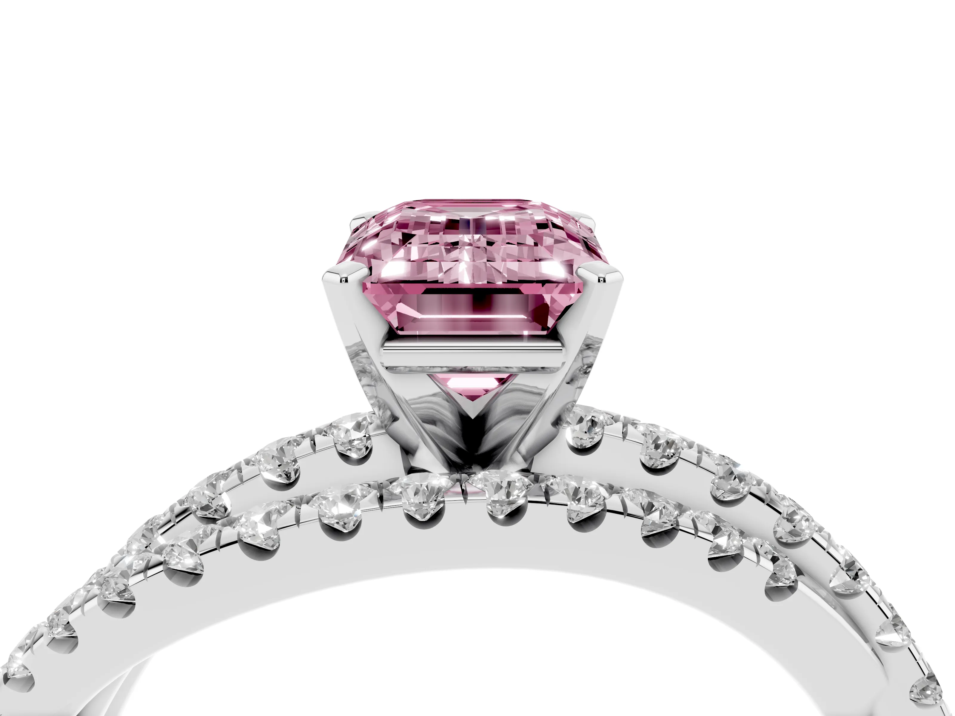 Fancy Pink Emerald Cut Diamond Solitaire Twist Band Ring Set in Silver with Pavé Setting and Prong Head