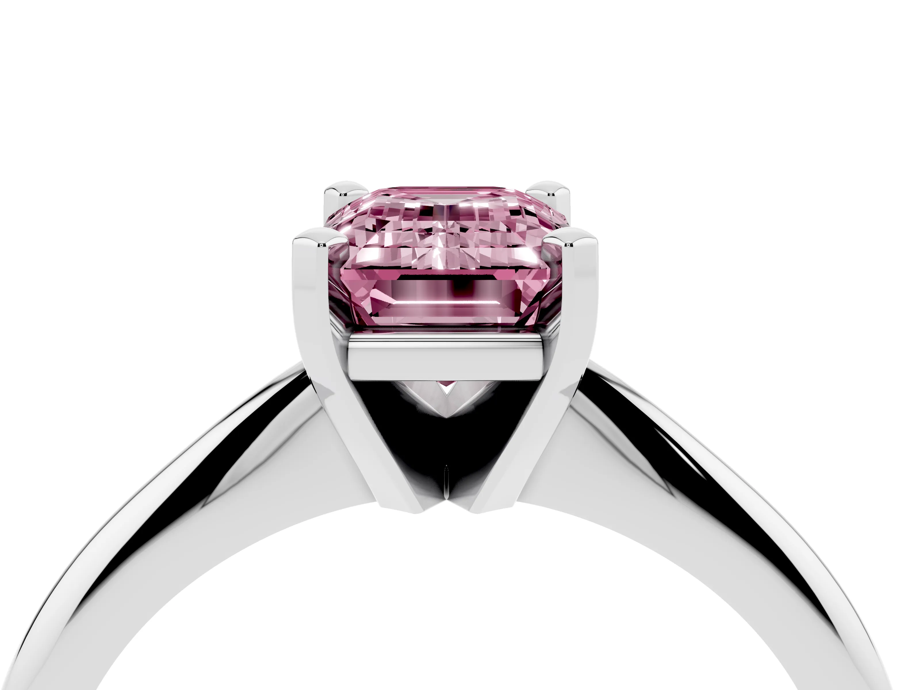 Fancy Pink Emerald Cut Diamond Solitaire Ring Set in Silver with Prong Setting on a Plain Round Band
