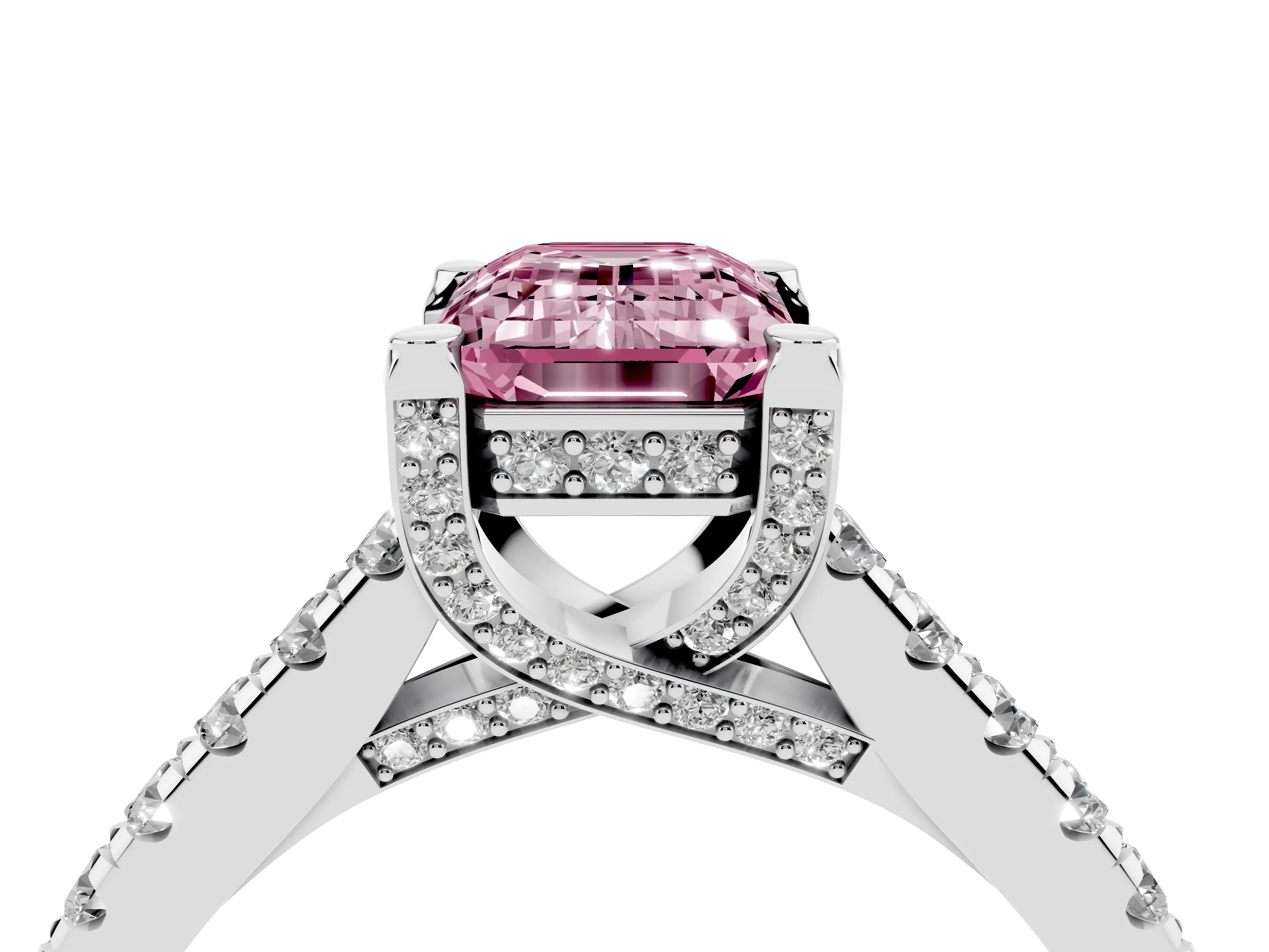 Fancy Pink Emerald Cut Diamond Solitaire Ring Set in Platinum with Brilliant Pavé Band and Prong Setting