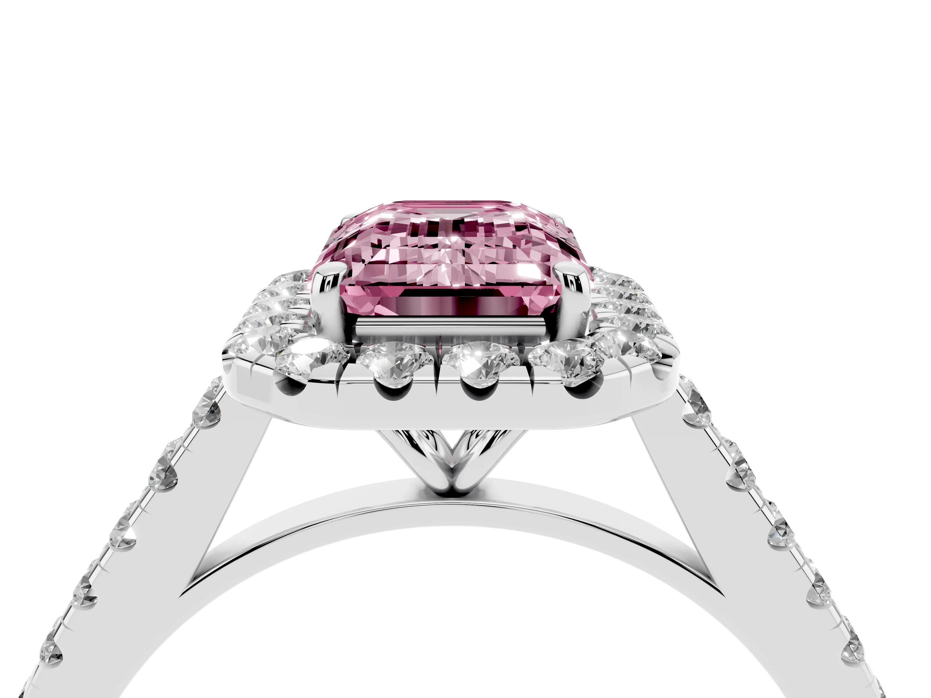Fancy Pink Emerald Cut Diamond Halo Pavé Engagement Ring Set in Silver with Prong Setting