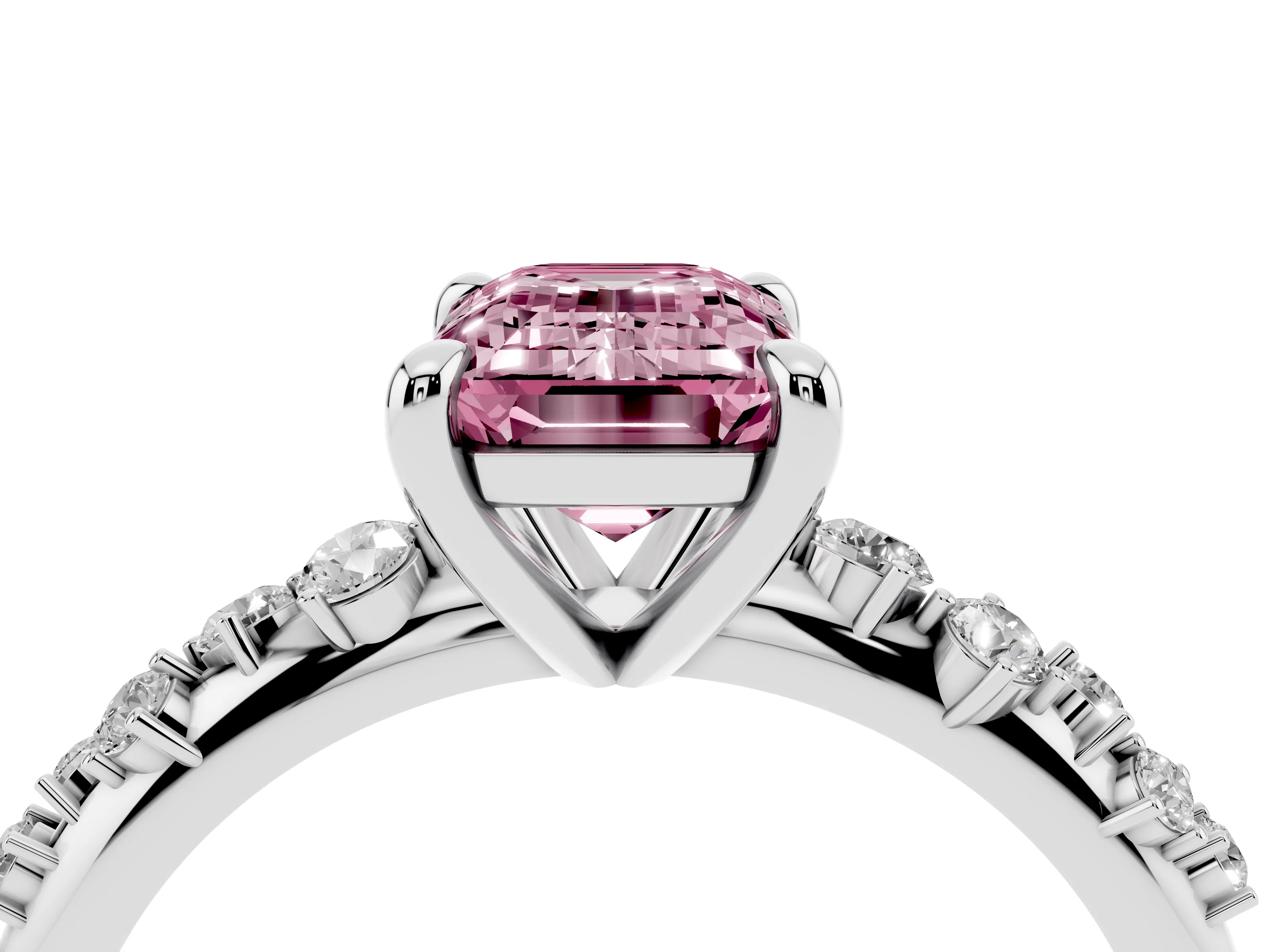 Fancy Pink Emerald Cut Diamond Solitaire Vine Band Ring Set in Silver with Round Accents and Prong Setting