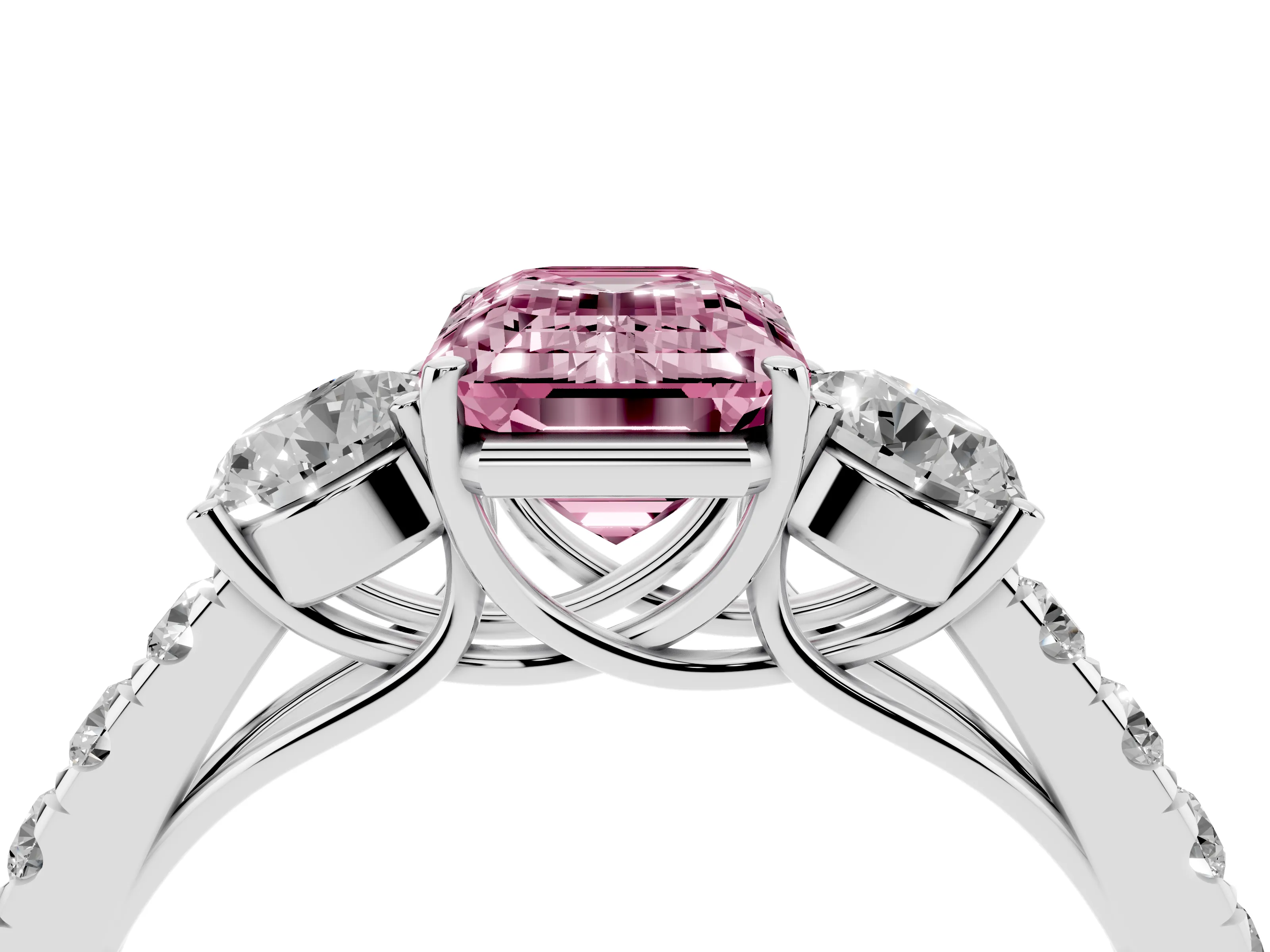 Fancy Pink Emerald Cut Diamond Three-Stone Ring Set in White gold with Round Side Stones and Delicate Pavé Band