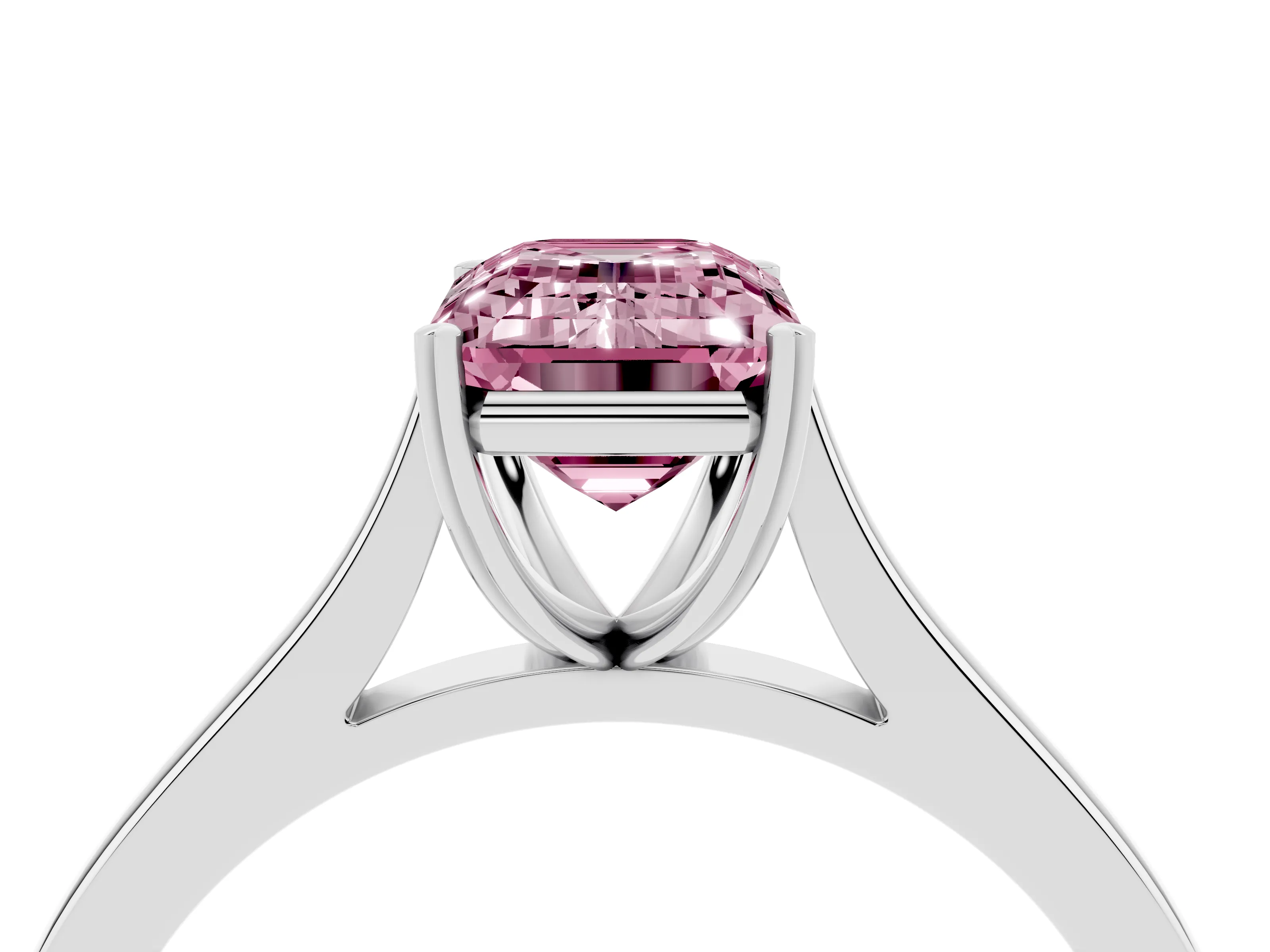 Fancy Pink Emerald Cut Diamond Solitaire Heart Prong Engagement Ring Set in Platinum with Tapered Band