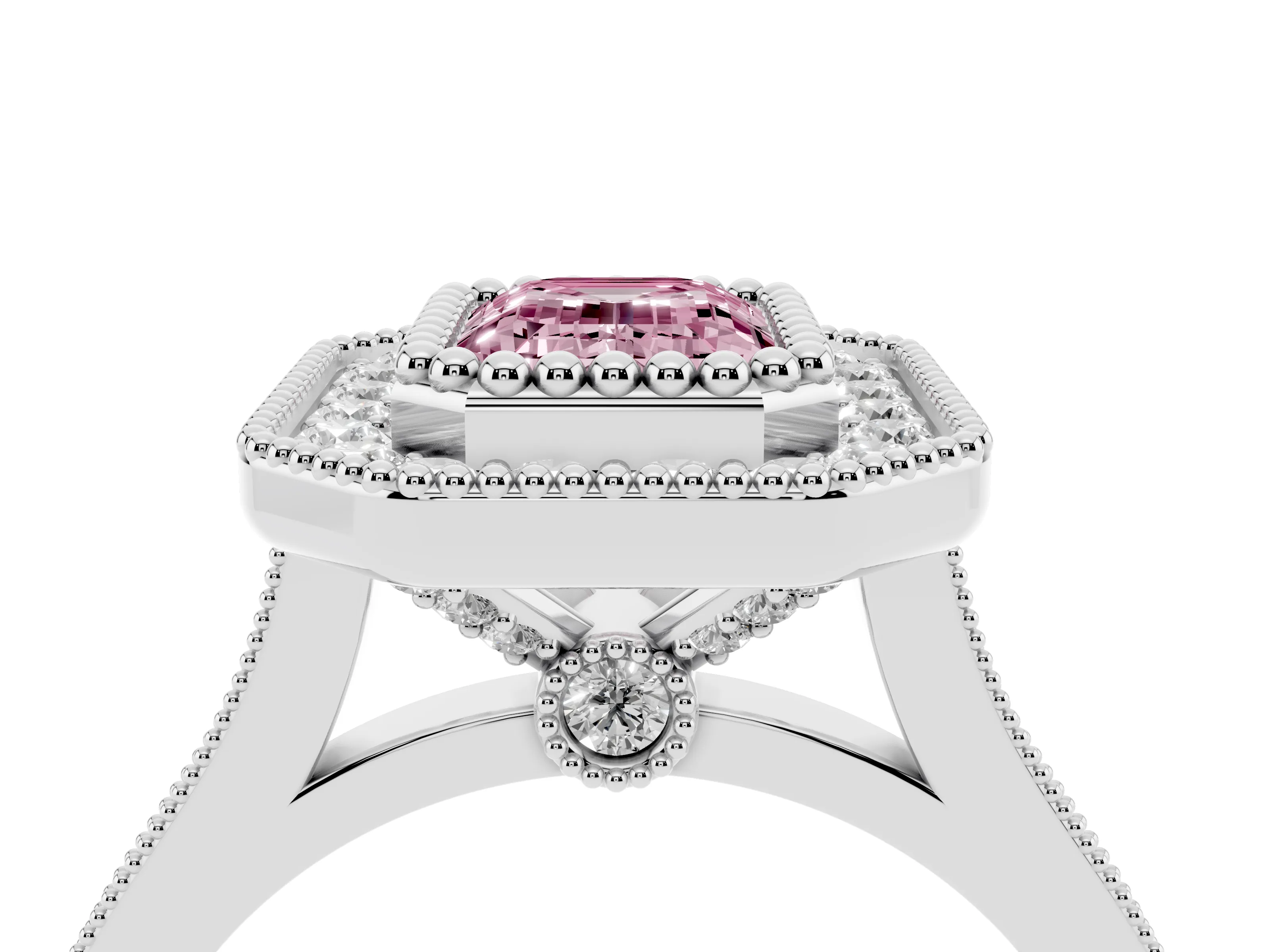Fancy Pink Emerald Cut Diamond Halo Ring Set in White gold with Milgrain Frame and Pavé Band