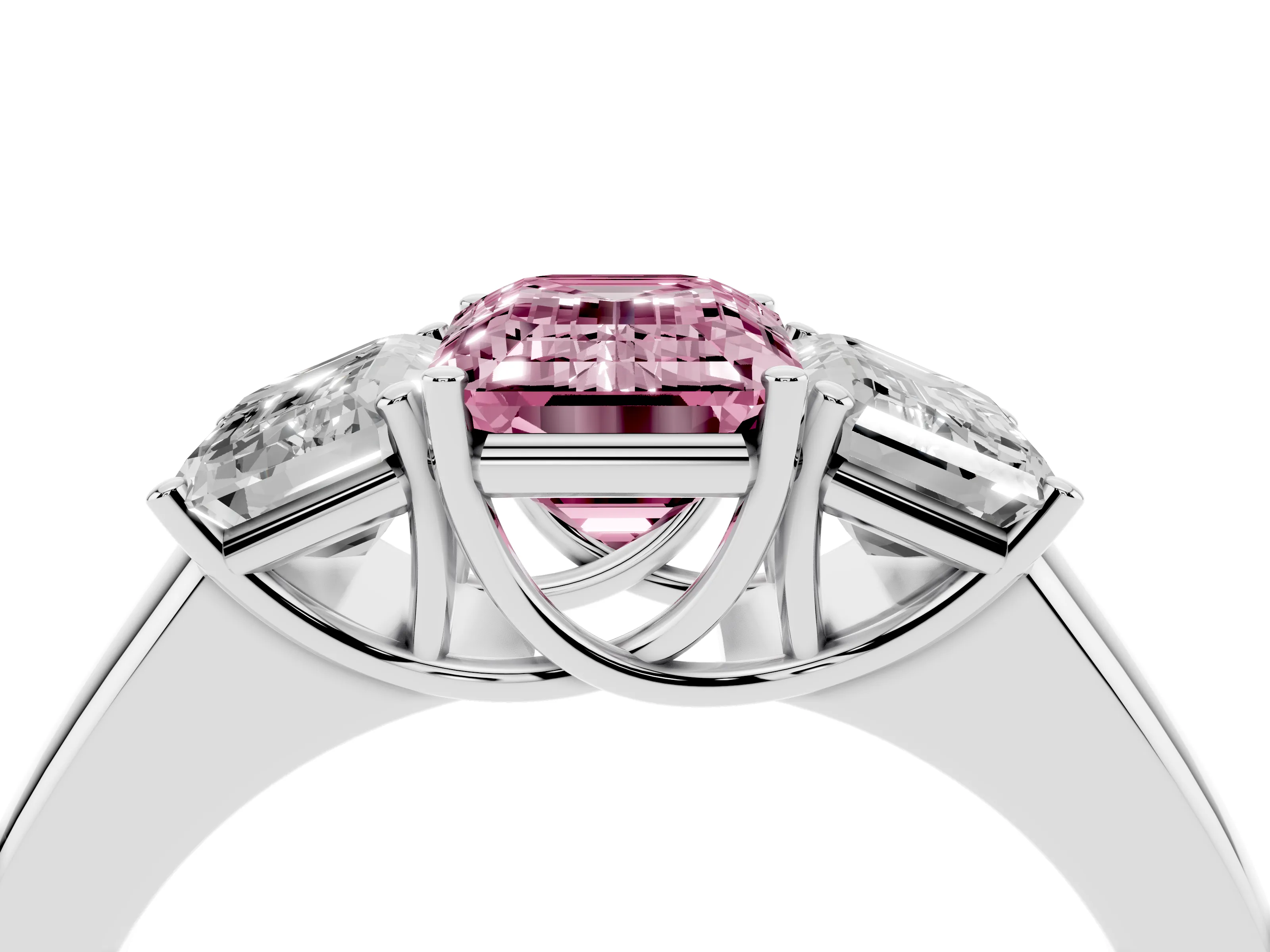 Fancy Pink Three-Stone Emerald Cut Diamond Ring Set in White gold with Matching Prong Settings and Plain Band