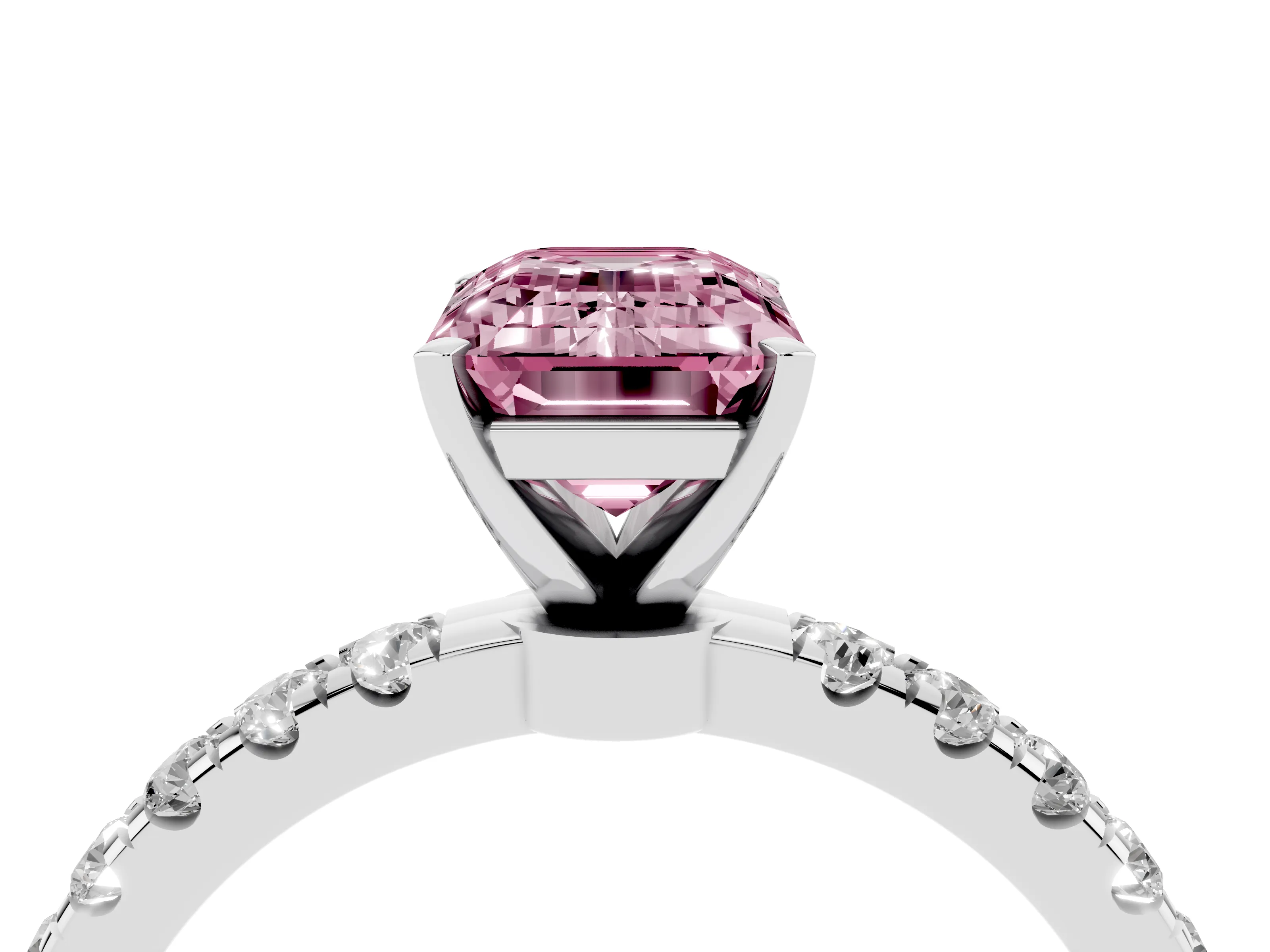 Fancy Pink Emerald Cut Diamond Solitaire Ring Set in Silver with Pavé Accents and Prong Setting