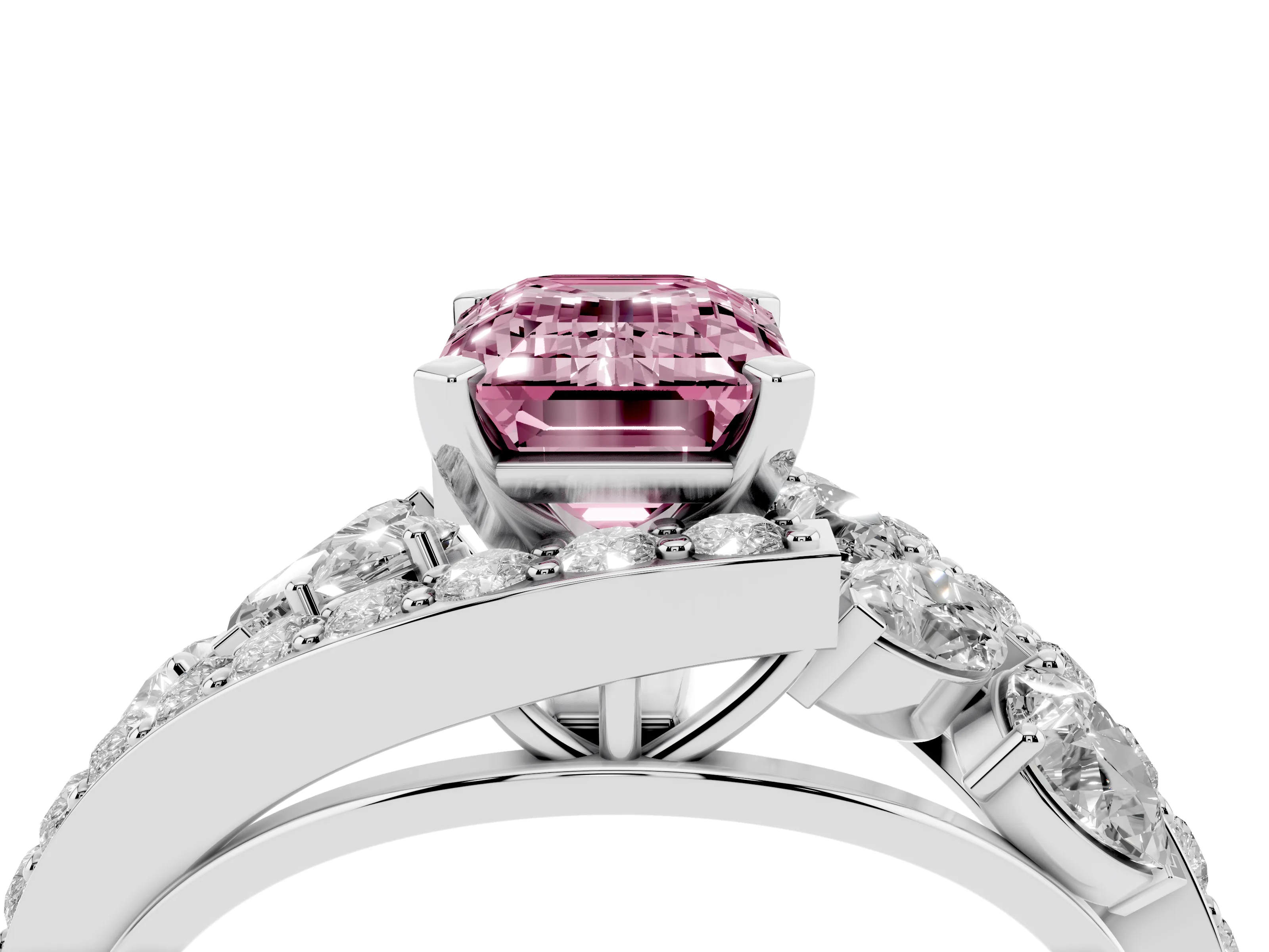 Fancy Pink Emerald Cut Diamond Halo Ring Set in Platinum with Marquise and Pavé Band in Prong Setting