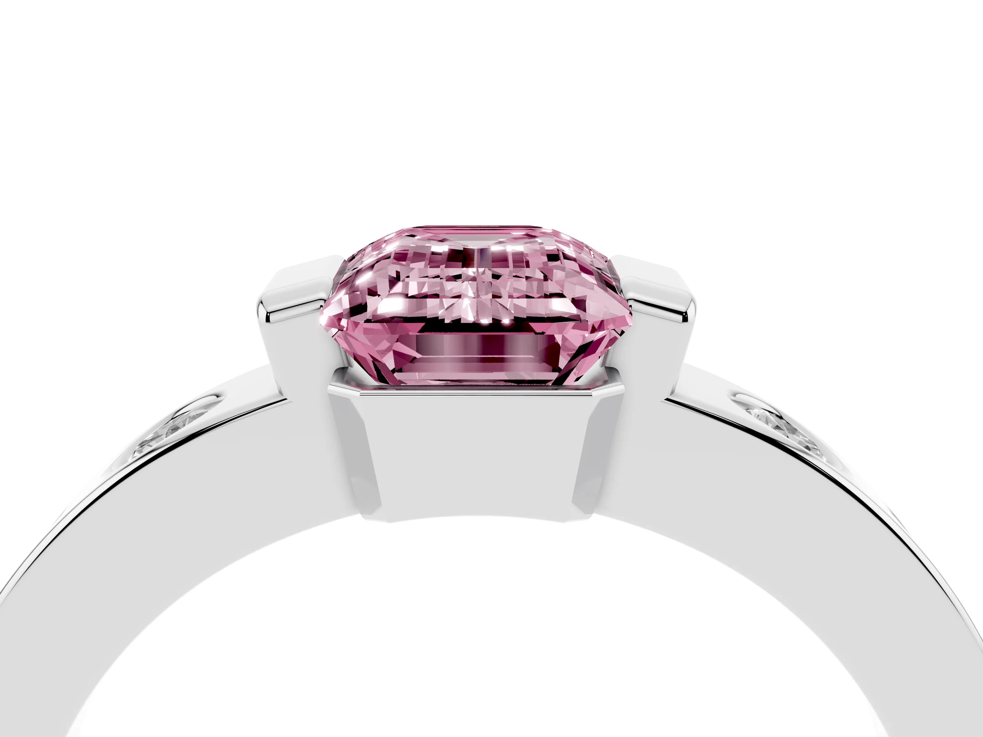 Fancy Pink Emerald Cut Diamond Channel-Set Band Ring Set in Platinum with Bezel Prong Setting