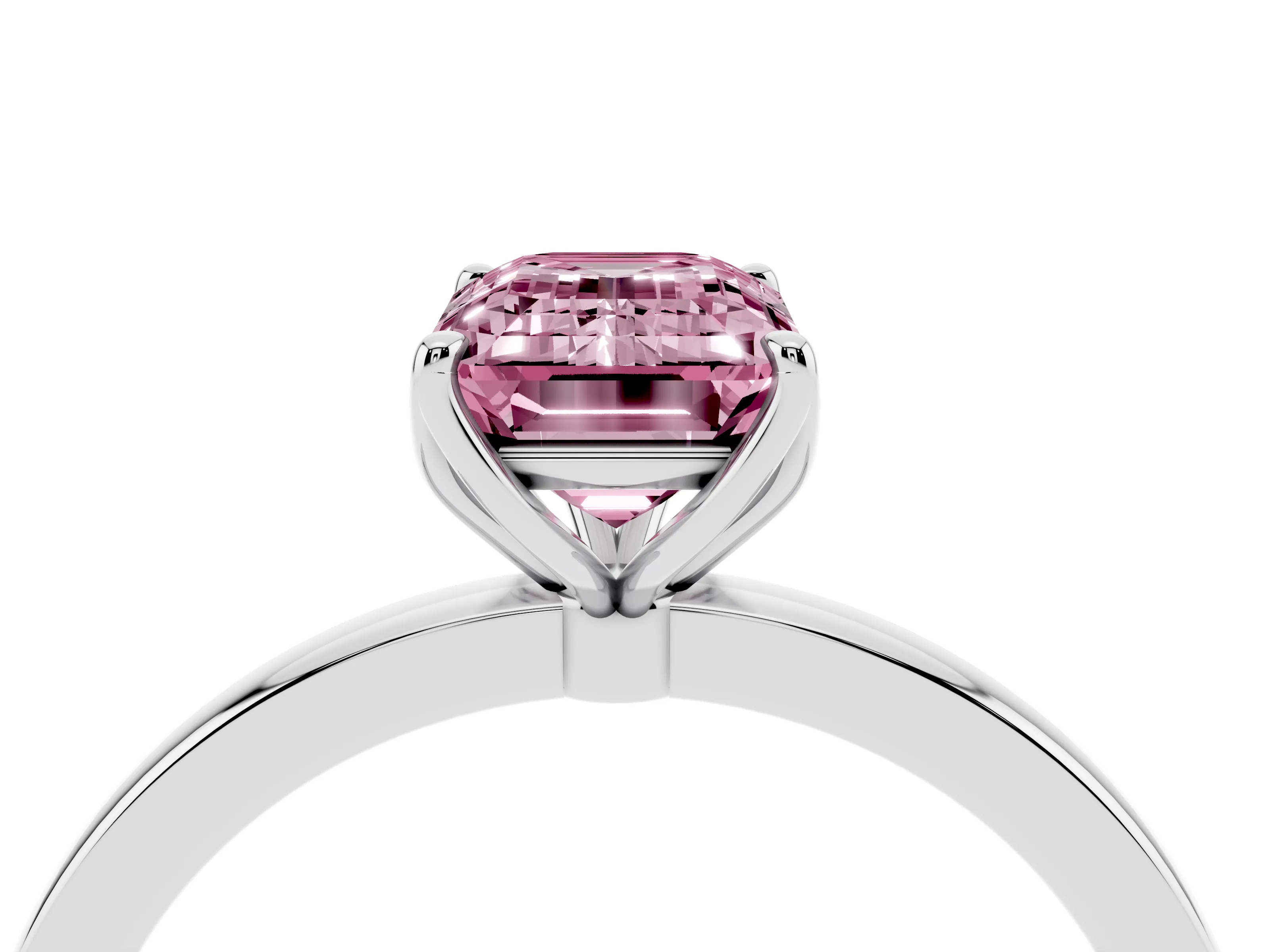 Fancy Pink Emerald Cut Diamond Solitaire Ring Set in White gold with Prong Setting and Thin Polished Band