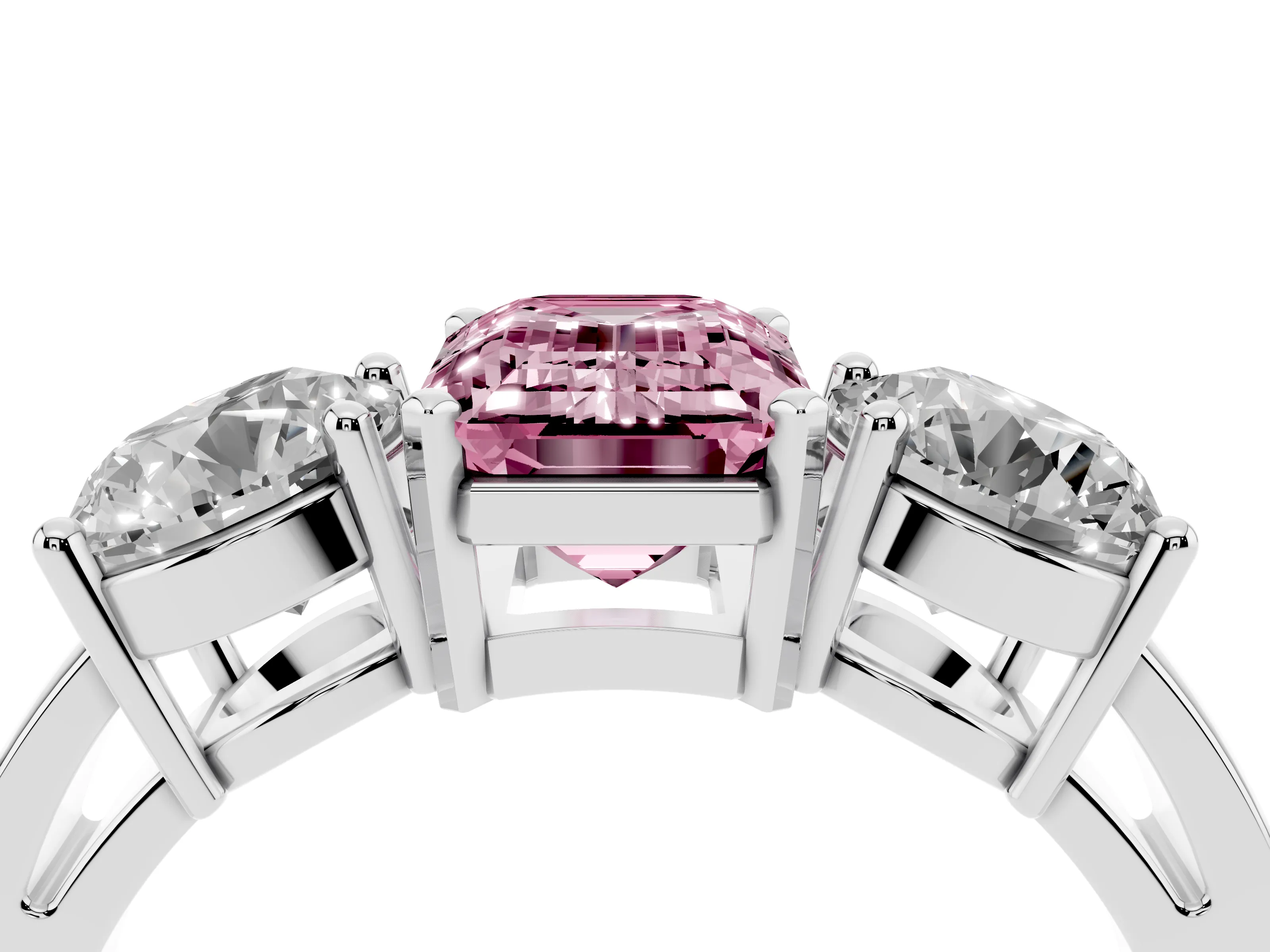 Fancy Pink Emerald Cut Diamond Three-Stone Ring Set in Silver with Round Side Stones and Classic Band