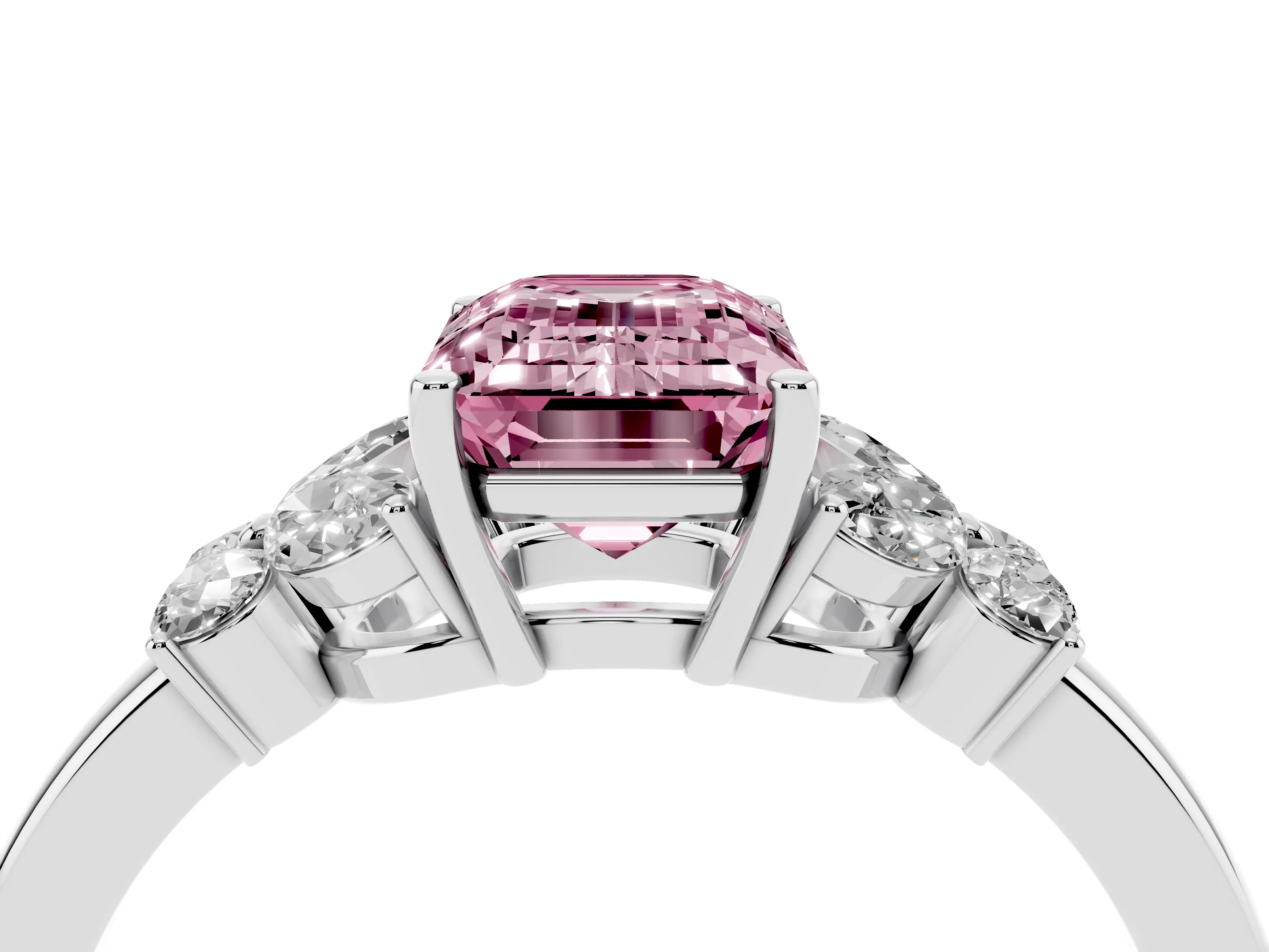 Fancy Pink Emerald Cut Diamond Solitaire Floral Ring Set in Silver with Marquise Petals and Prong Setting