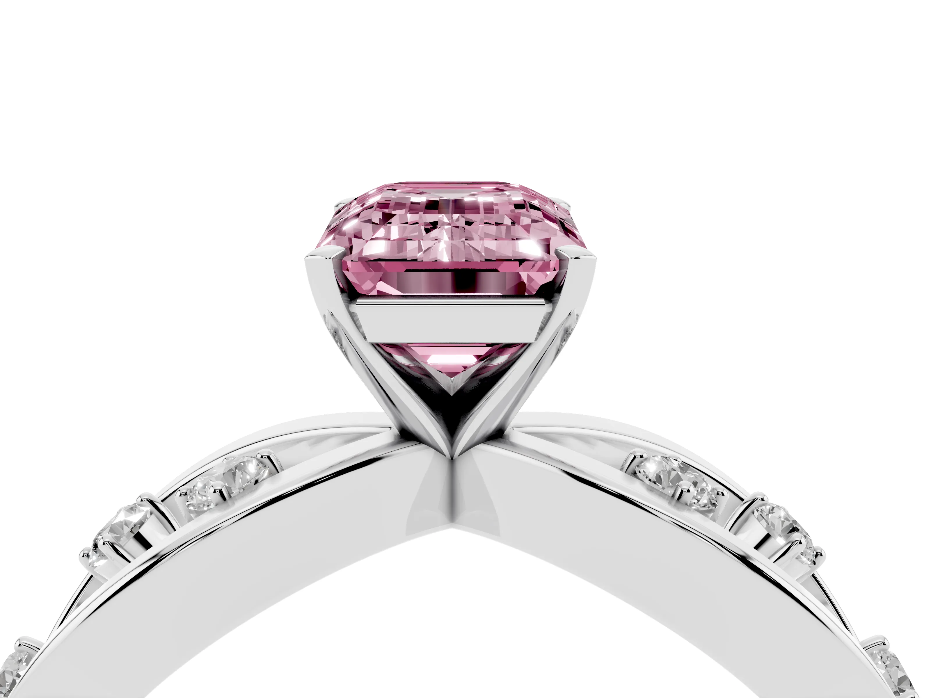 Fancy Pink Emerald Cut Diamond Solitaire Ring Set in Platinum with Side Stones on Criss-Cross Band and Prong Setting
