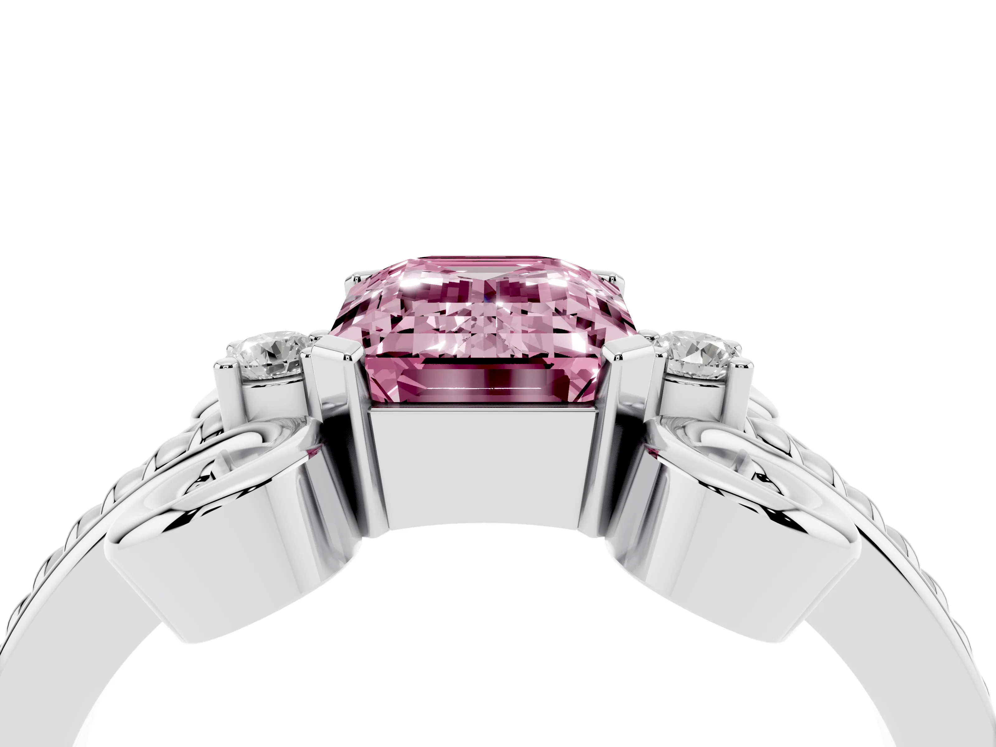 Fancy Pink Emerald Cut Diamond Twisted Band Solitaire Ring Set in Platinum with Scroll Prongs