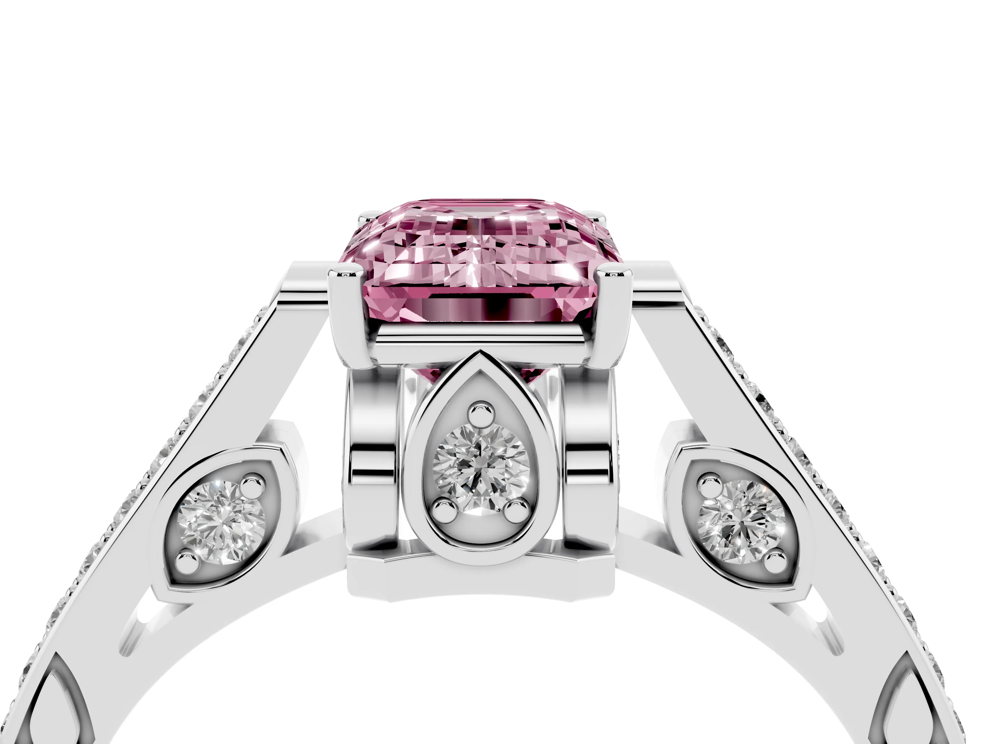 Fancy Pink Emerald Cut Diamond Cathedral Pavé Engagement Ring Set in Silver with Prong Setting