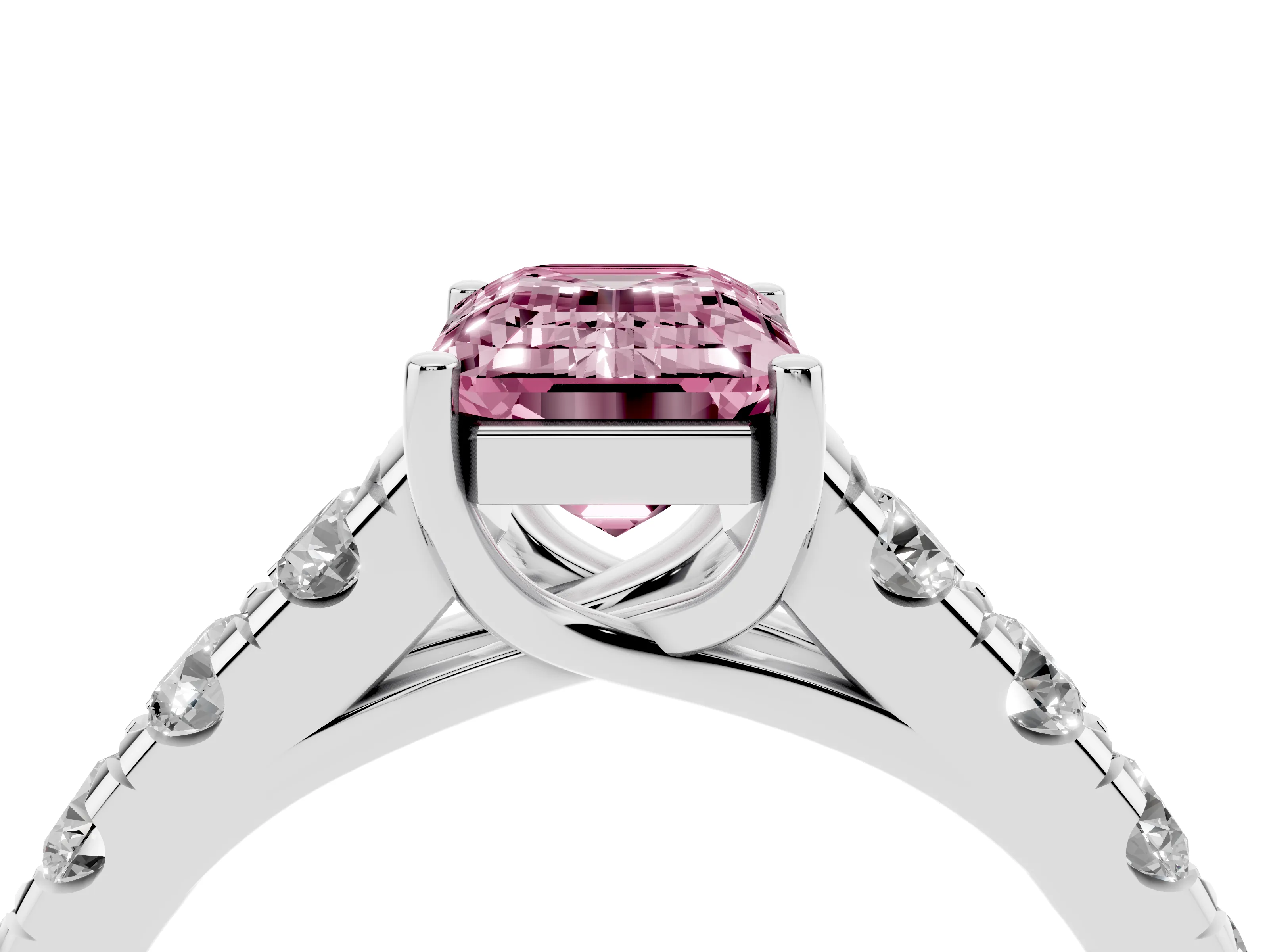 Fancy Pink Emerald Cut Diamond Solitaire Ring Set in Platinum with Cut-Down Micro Pavé Band and Prong Setting