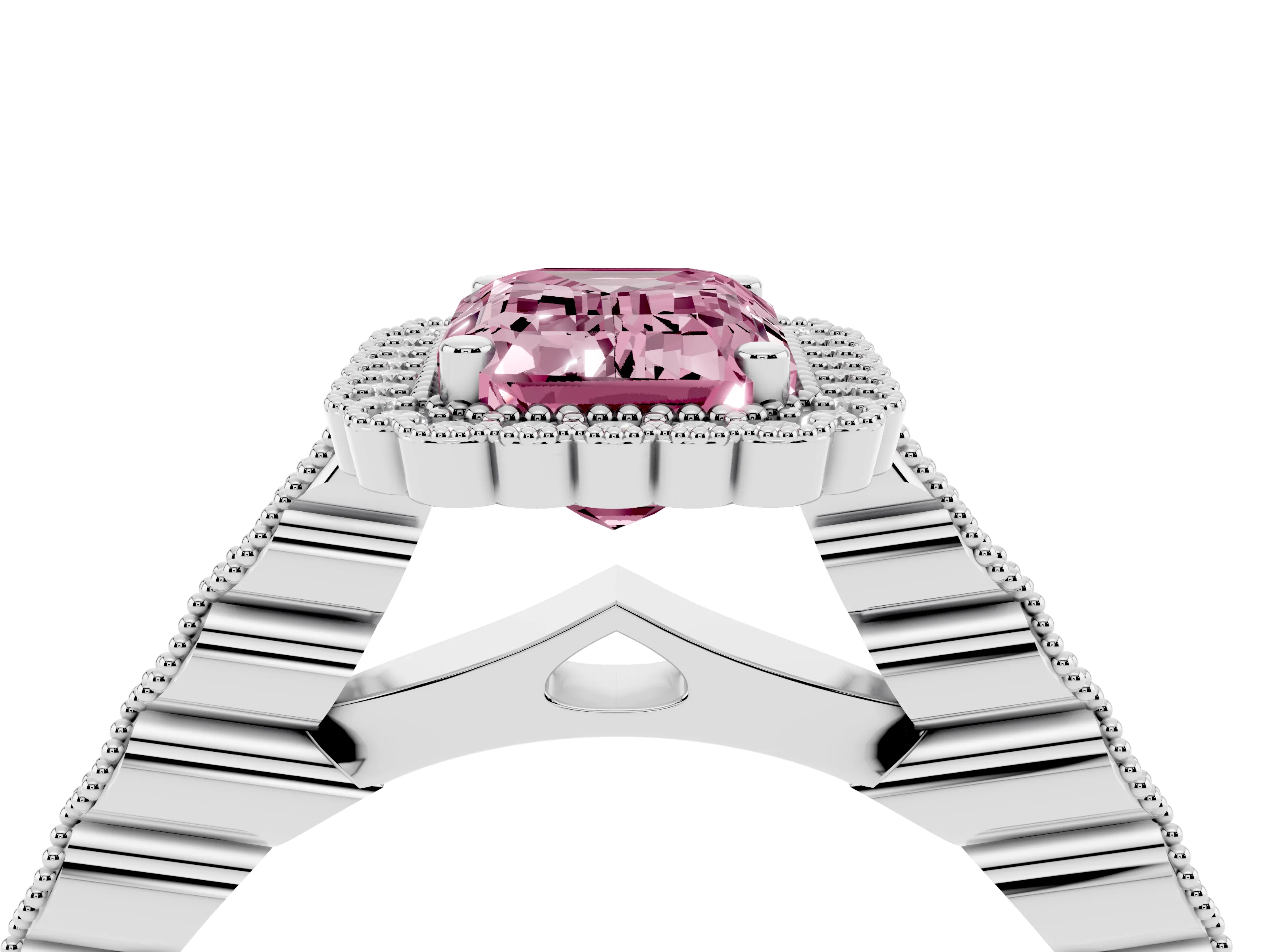 Fancy Pink Emerald Cut Diamond Halo Ring Set in White gold with Pavé Milgrain Band
