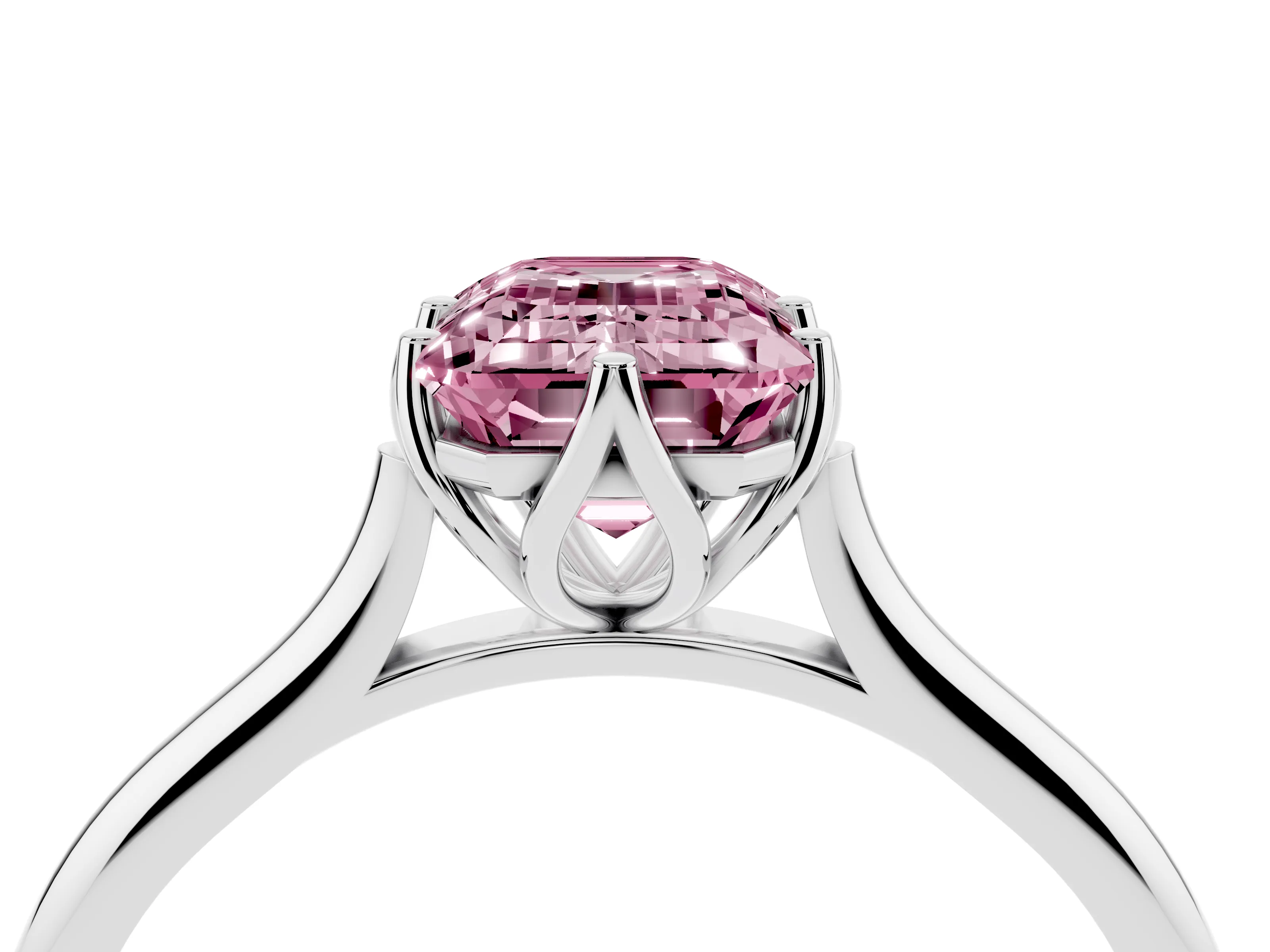Fancy Pink Emerald Cut Diamond Solitaire Cathedral Ring Set in Platinum with Prong Setting