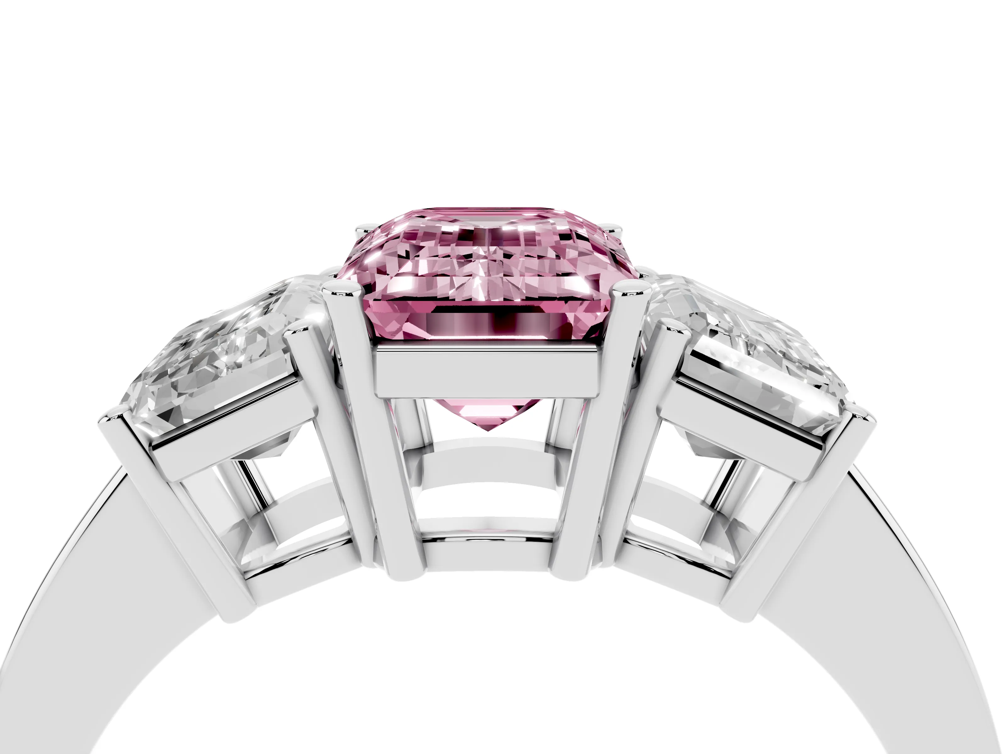 Fancy Pink Emerald Cut Diamond Three-Stone Engagement Ring Set in Silver with Flat Band