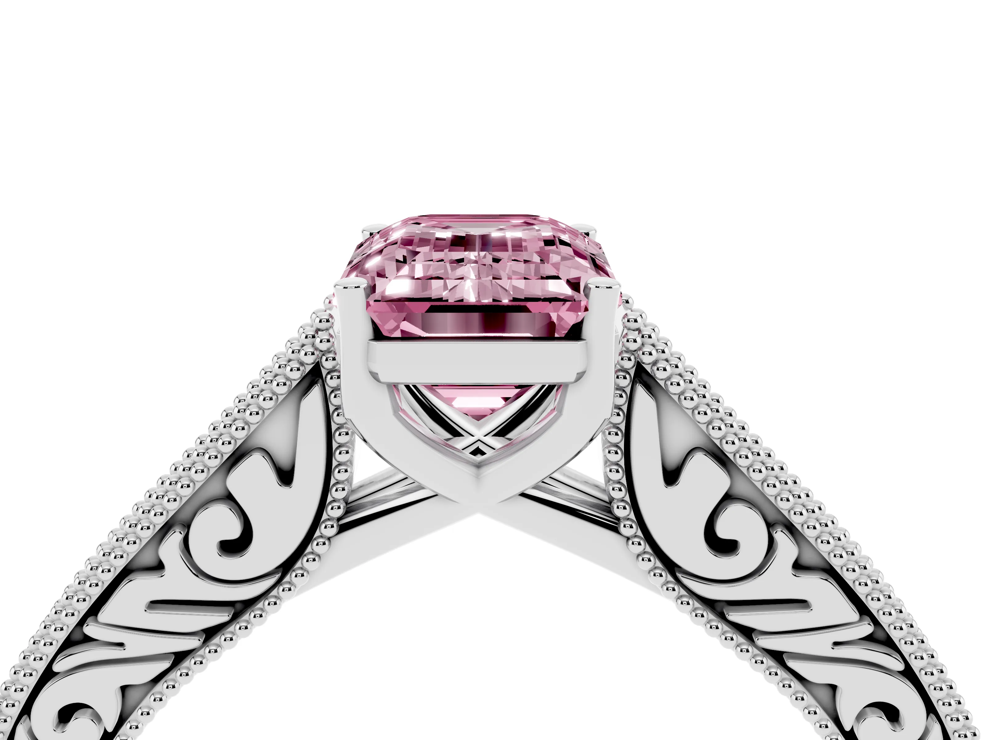 Fancy Pink Emerald Cut Diamond Milgrain Pavé Band Solitaire Ring Set in White gold with Prong Setting
