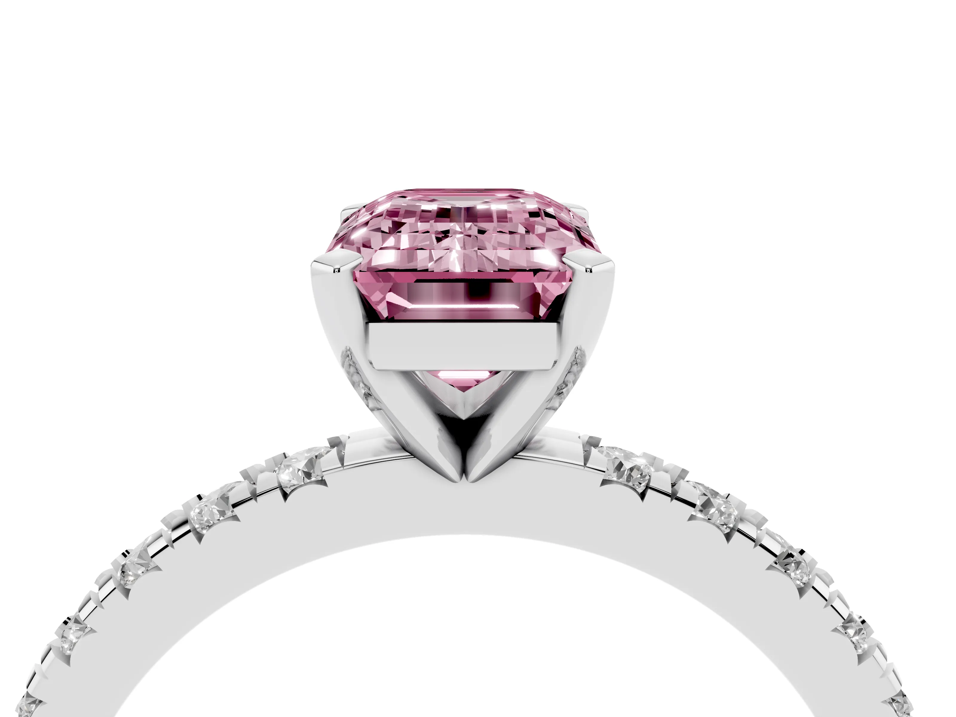 Fancy Pink Emerald Cut Diamond Pavé Band Solitaire Set in Platinum with Prong Setting