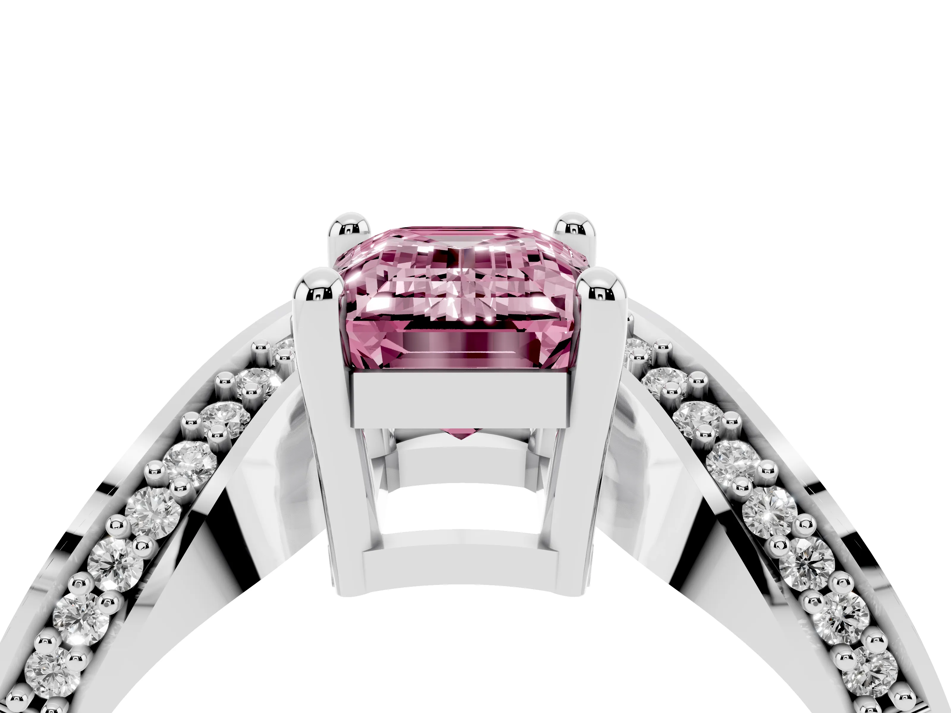 Fancy Pink Emerald Cut Diamond Solitaire Engagement Ring Set in Silver with Pavé Shoulders