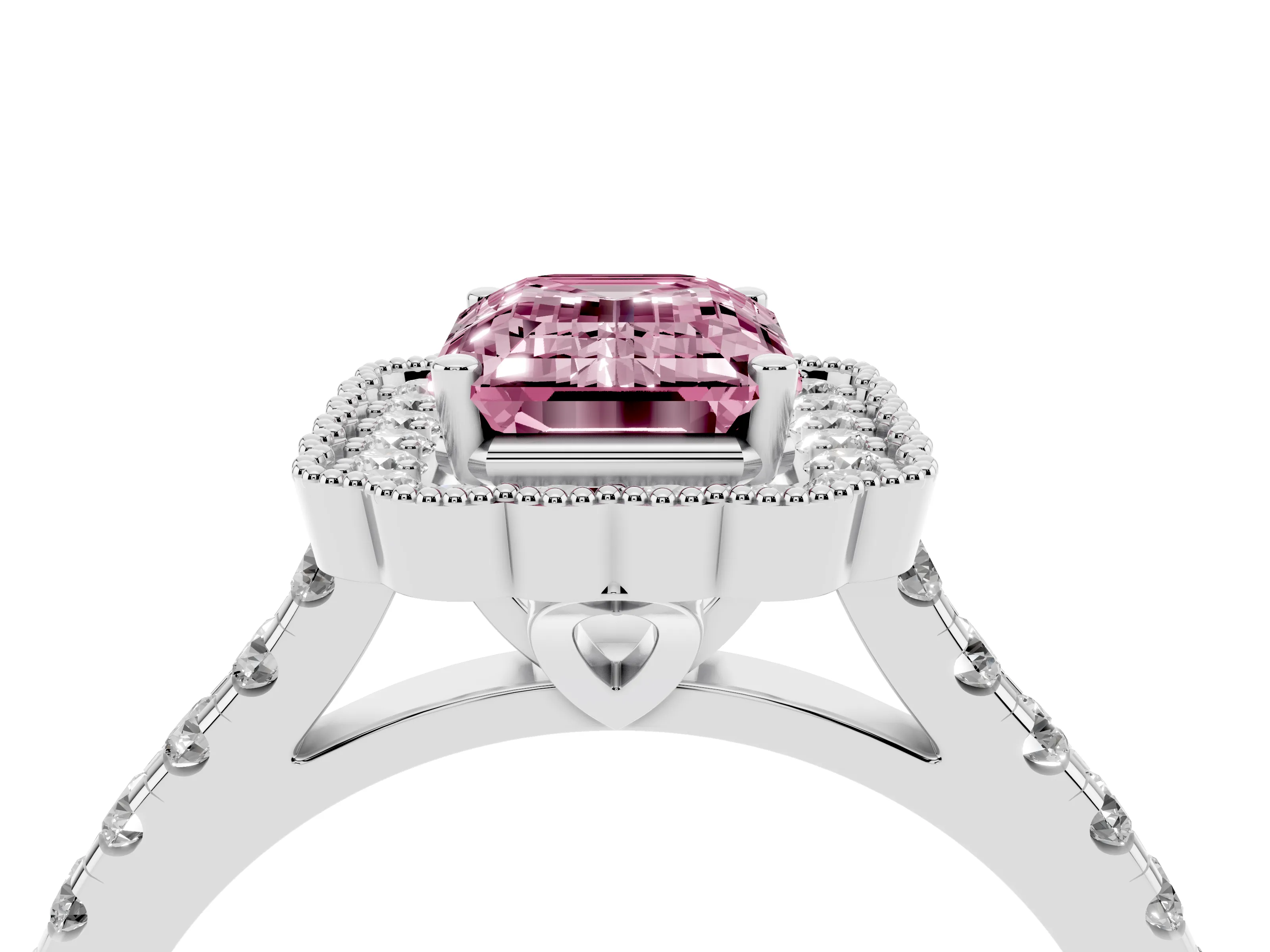 Fancy Pink Emerald Cut Diamond Milgrain Floral Halo Engagement Ring Set in Silver with Pavé Band