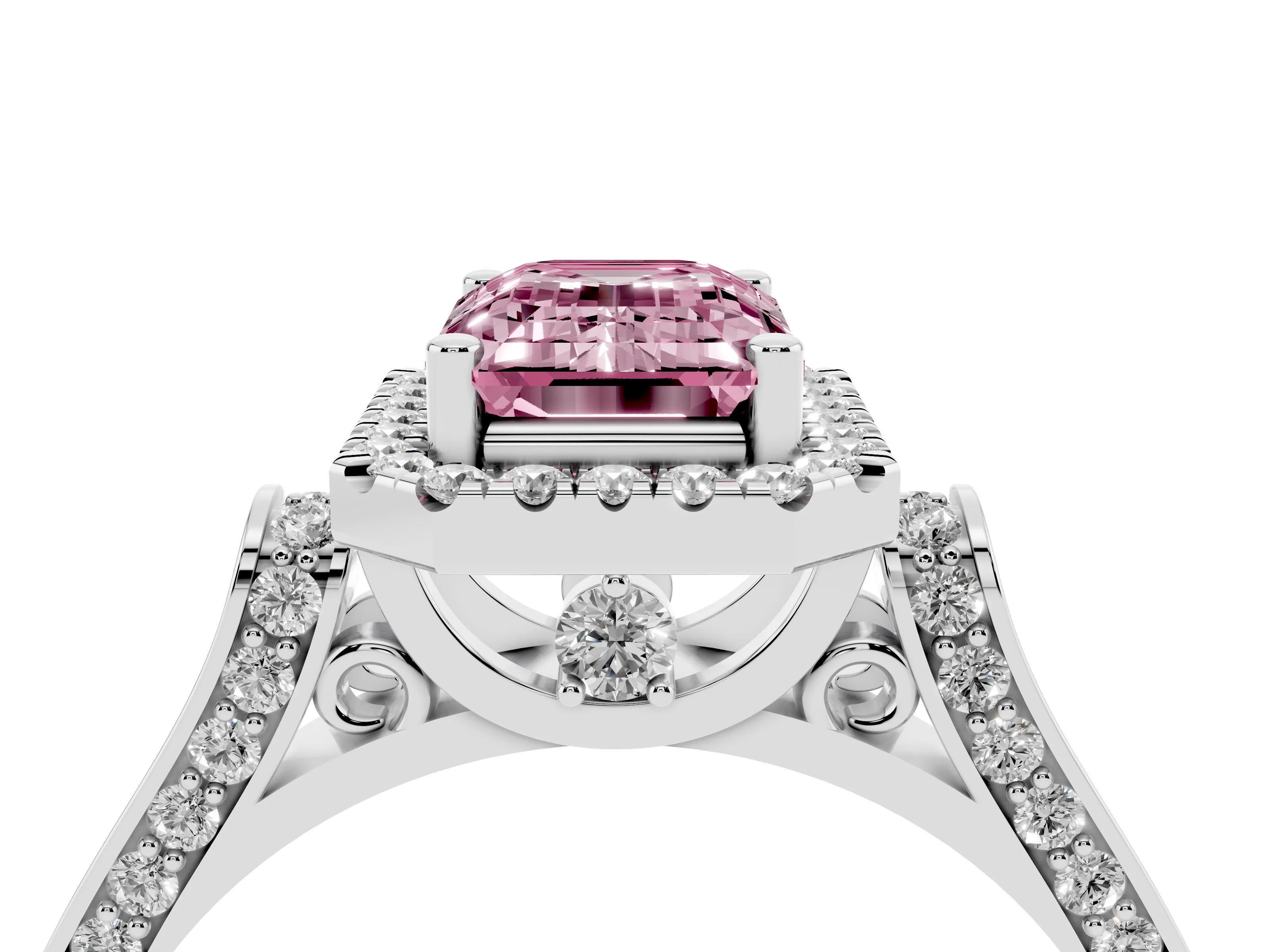 Fancy Pink Emerald Cut Diamond Halo Ring Set in Platinum with Pavé-Lined Split Shank Band
