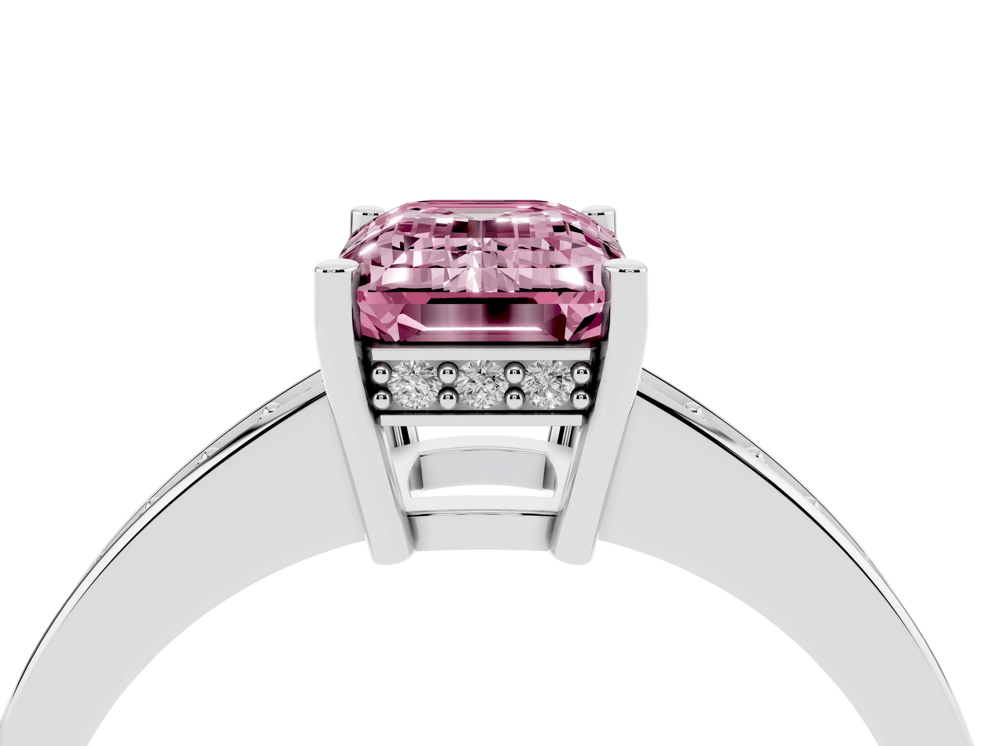 Fancy Pink Emerald Cut Diamond Pavé Band Prong Set Solitaire Ring Set in White gold