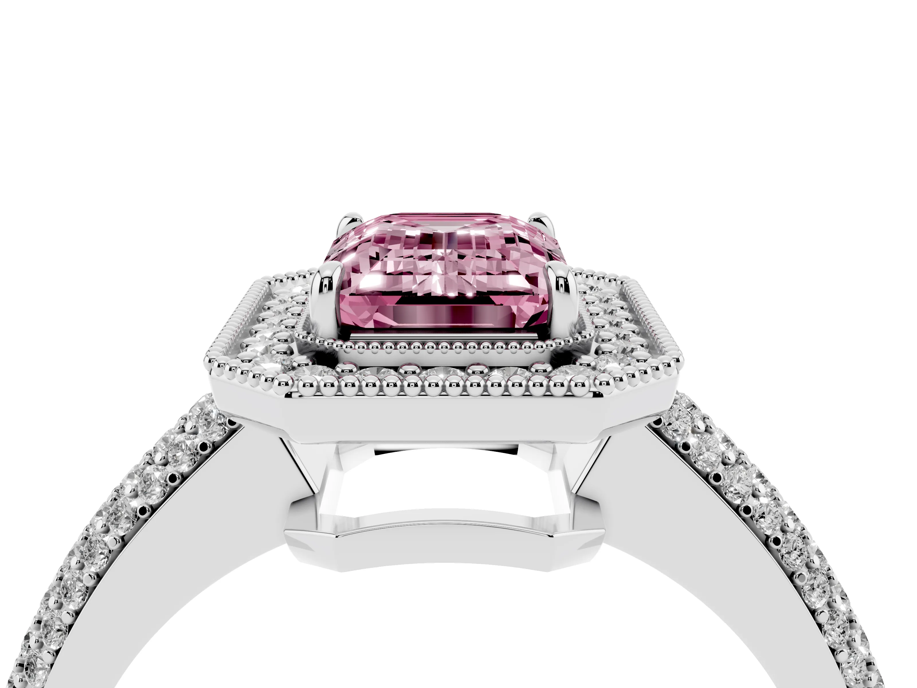 Fancy Pink Emerald Cut Diamond Halo Pavé Band Set in Silver with Prong Setting