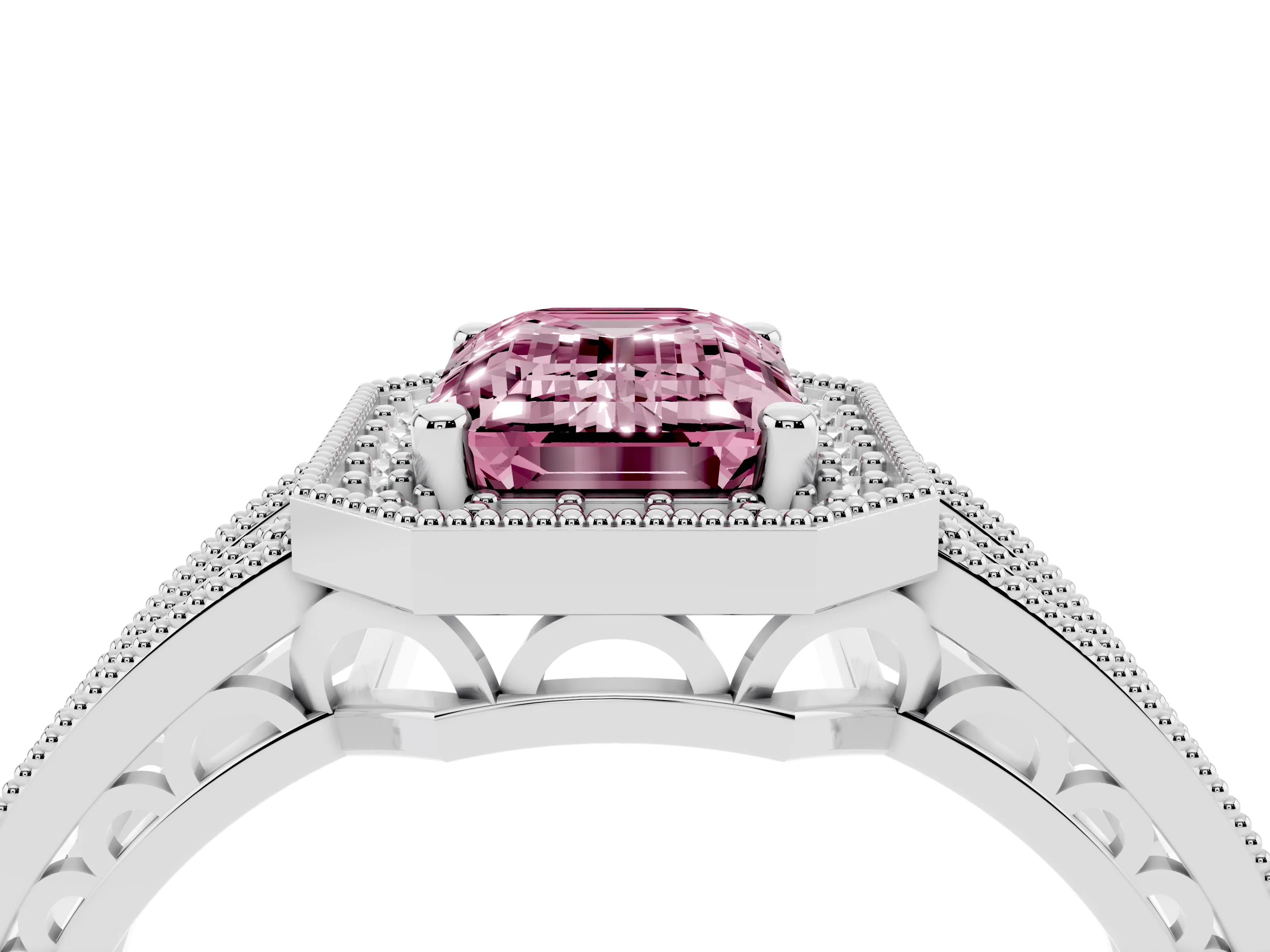 Fancy Pink Emerald Cut Diamond Halo Ring Set in Platinum with Accent Split Shank and Prong Setting