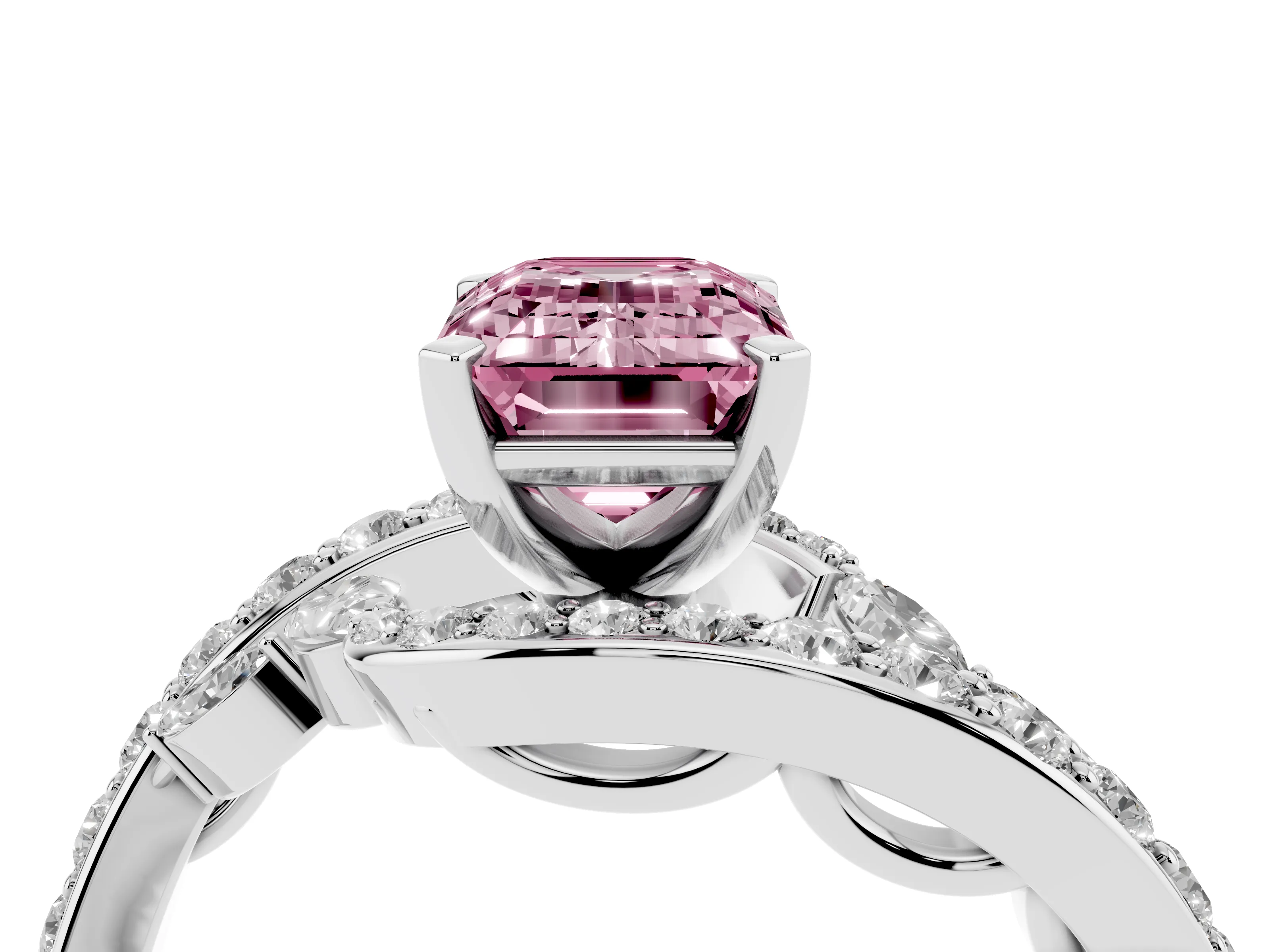 Fancy Pink Emerald Cut Diamond Solitaire Ring Set in Silver with Pavé Twist Band and Secure Prong Setting