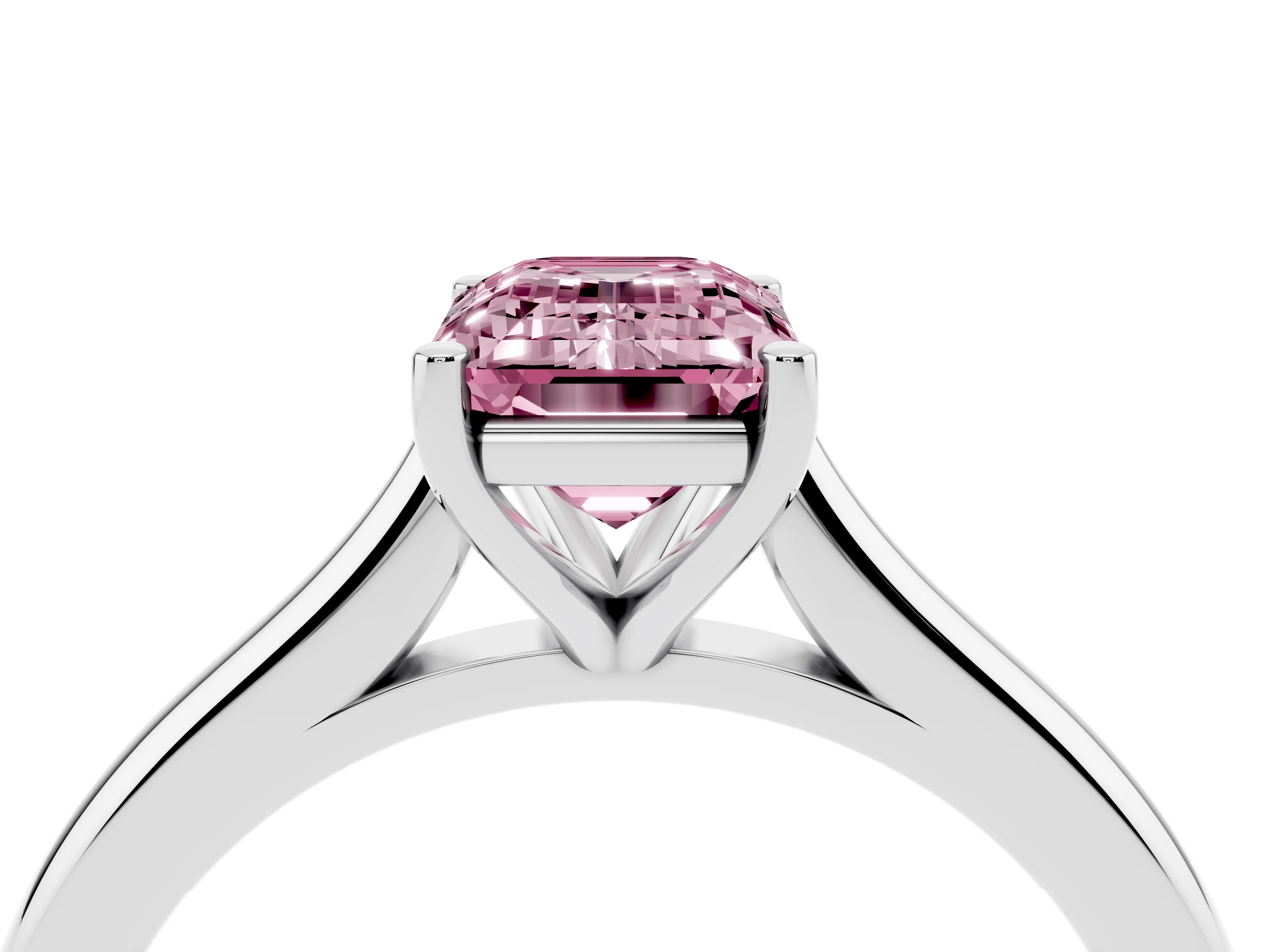 Fancy Pink Emerald Cut Diamond Solitaire Ring Set in White gold with Cathedral Band and Prong Setting