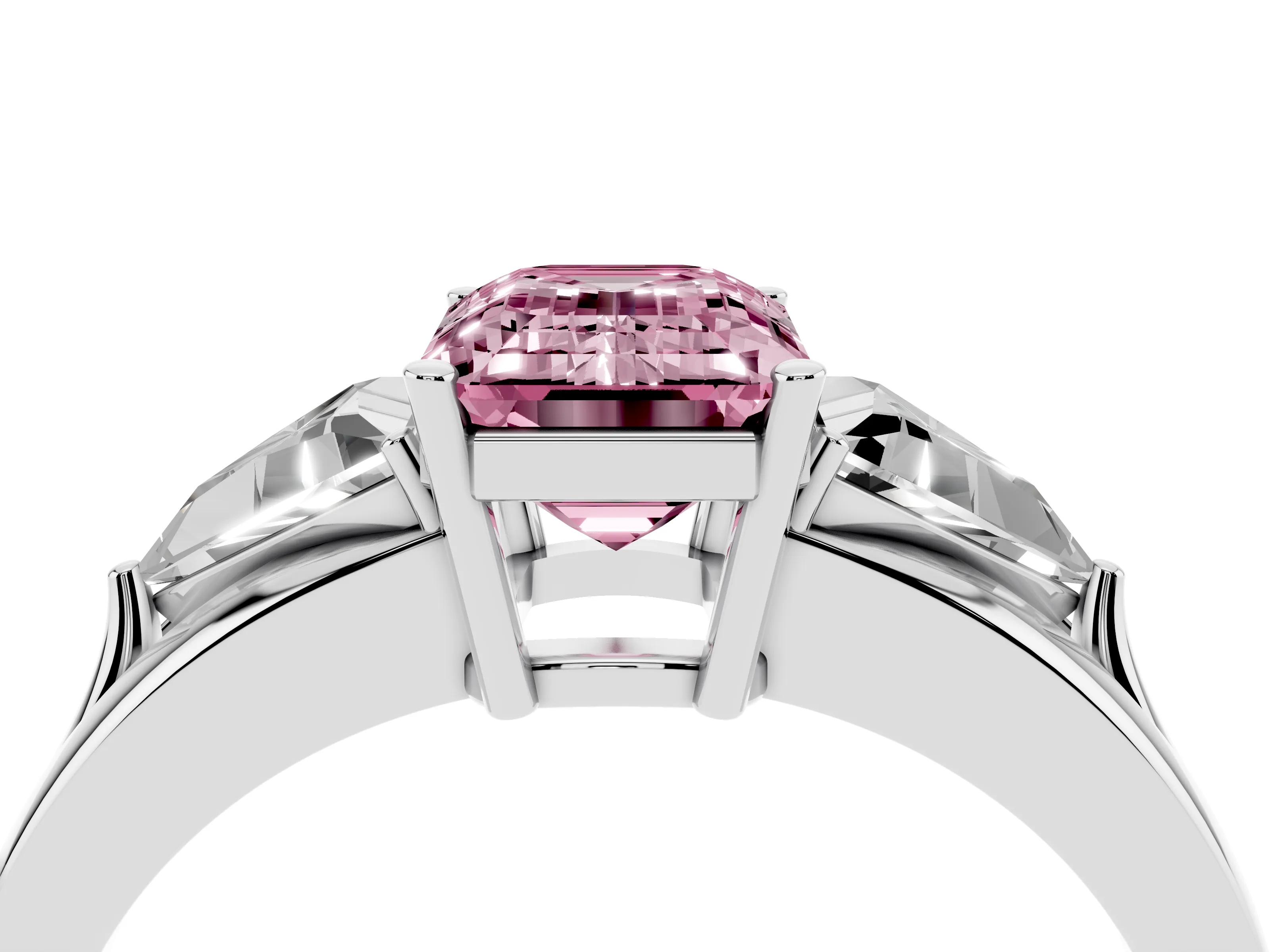 Fancy Pink Emerald Cut Diamond Three-Stone Ring Set in White gold with Trillion Side Stones and Split Shank