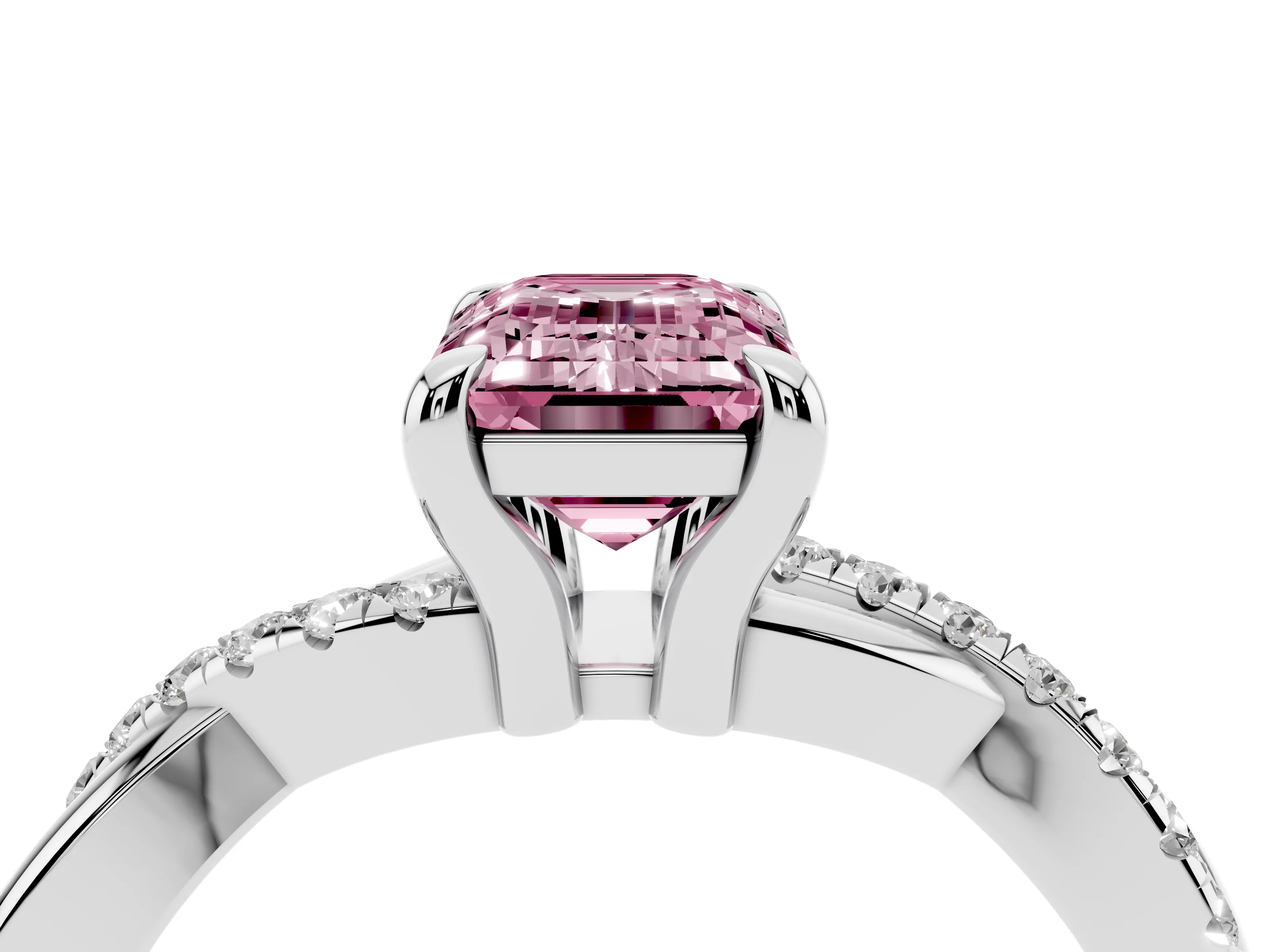 Fancy Pink Emerald Cut Diamond Twist Band Solitaire Set in White gold with Pavé Accents and Prong Setting
