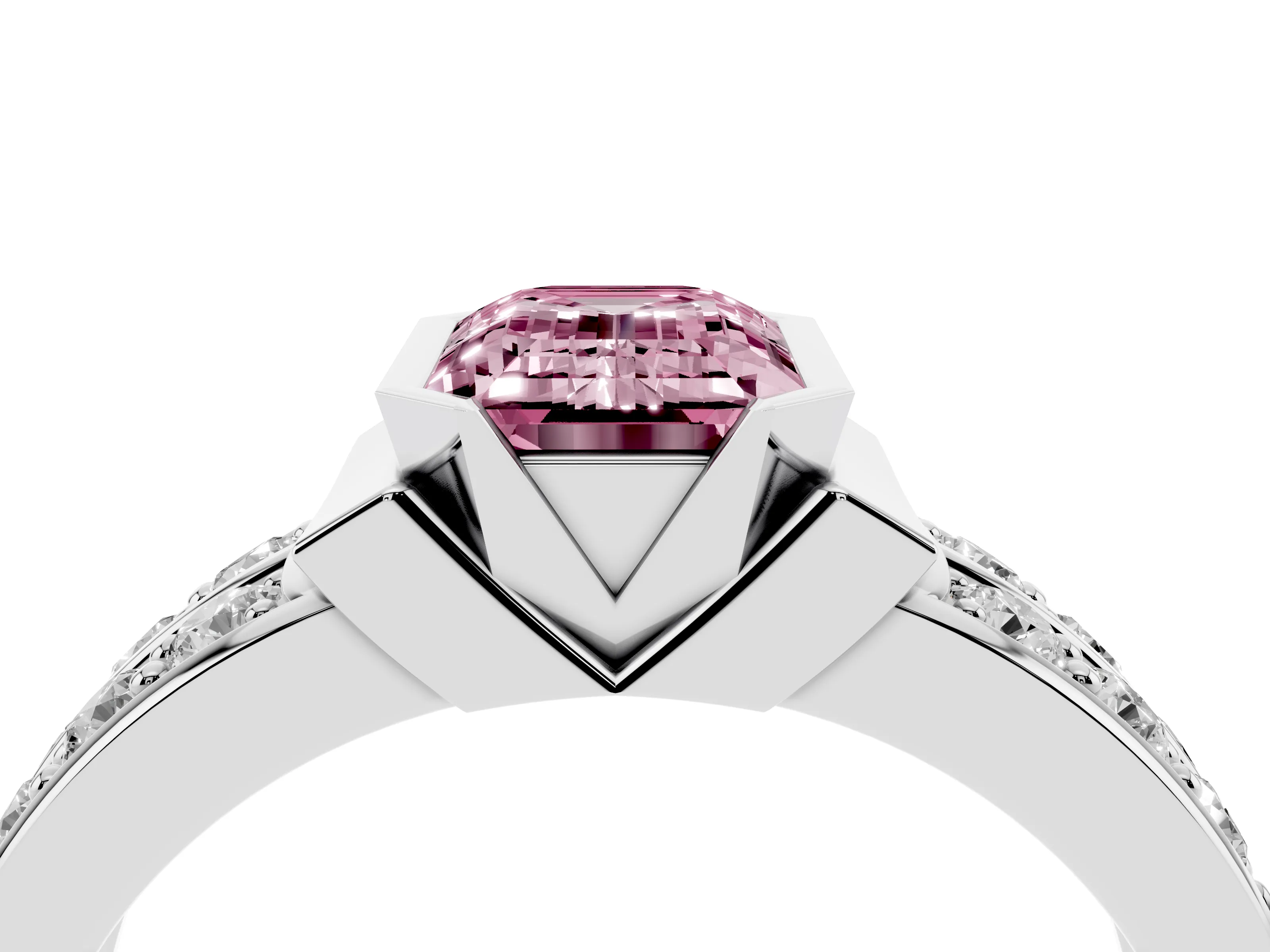 Fancy Pink Emerald Cut Diamond Wide Channel Set Band Ring Set in Silver with Bezel Setting