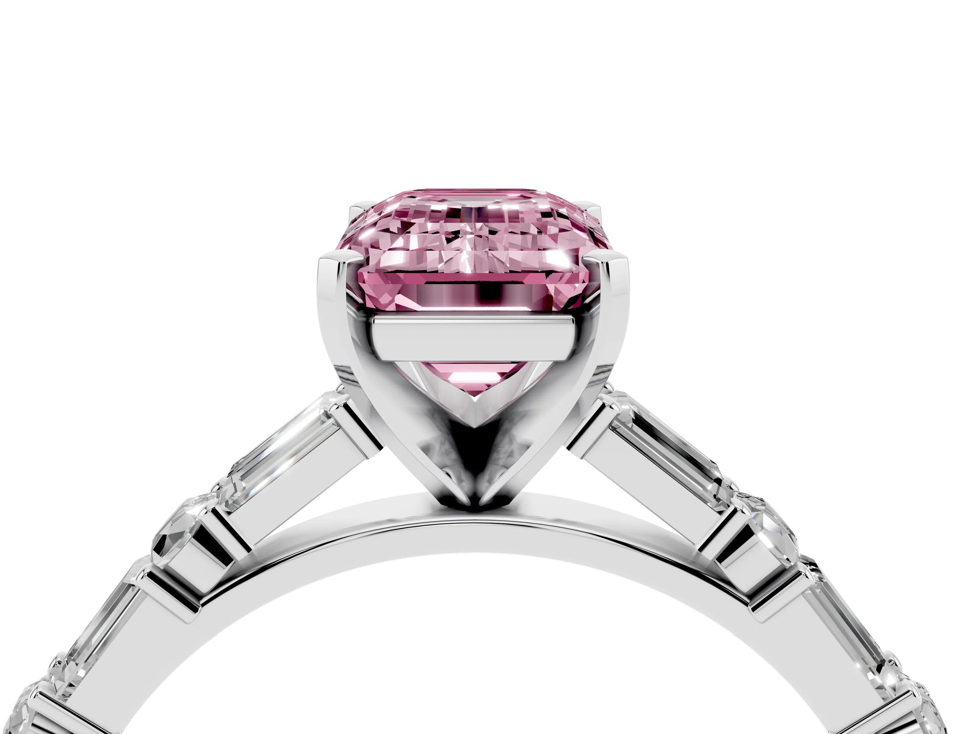 Fancy Pink Emerald Cut Diamond Solitaire Set in Platinum with Side Baguettes and Channel Set Band