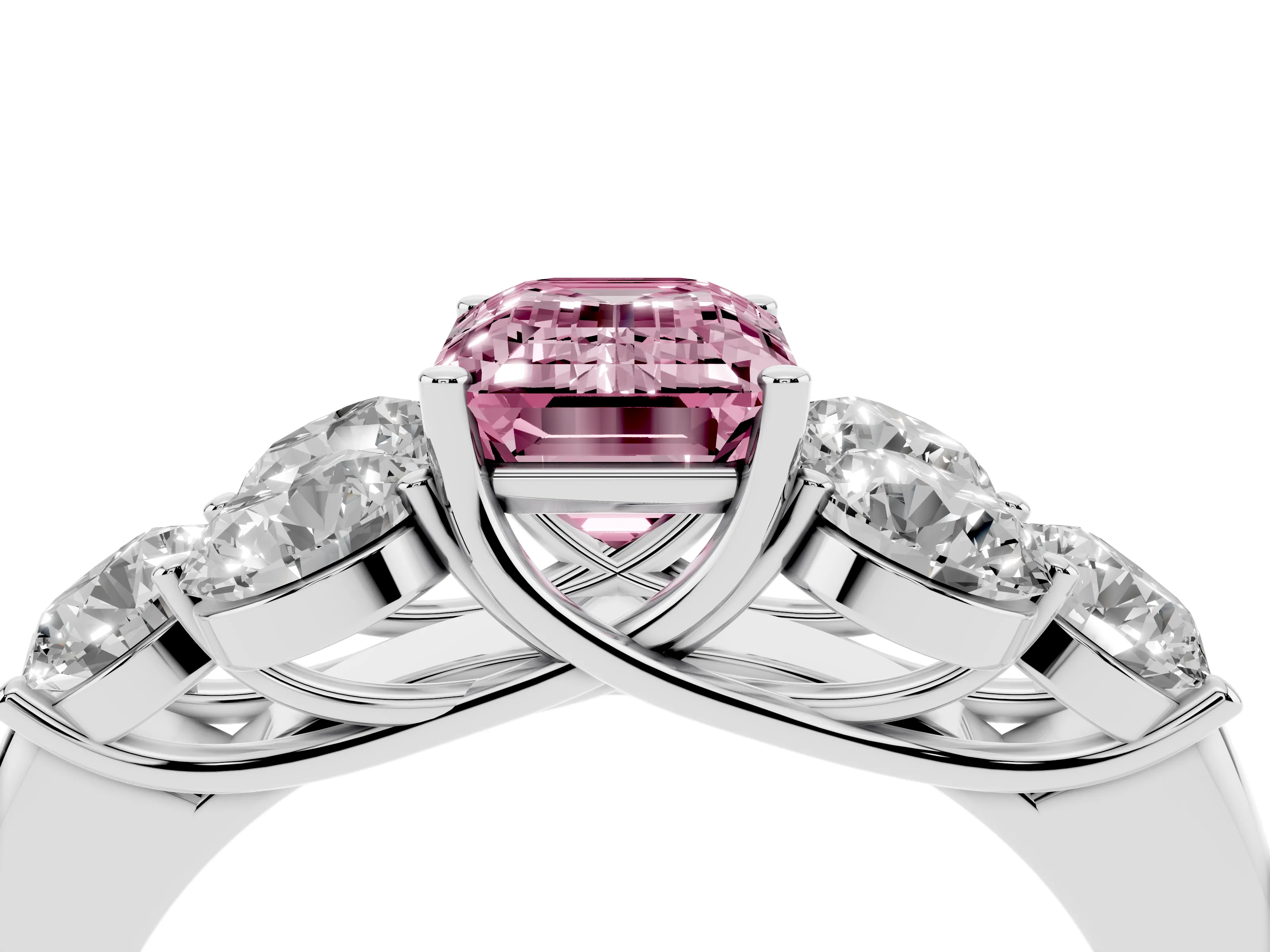 Fancy Pink Emerald Cut Diamond Cluster Ring Set in Silver with Round Accent Stones and Prong Setting on a Plain Band