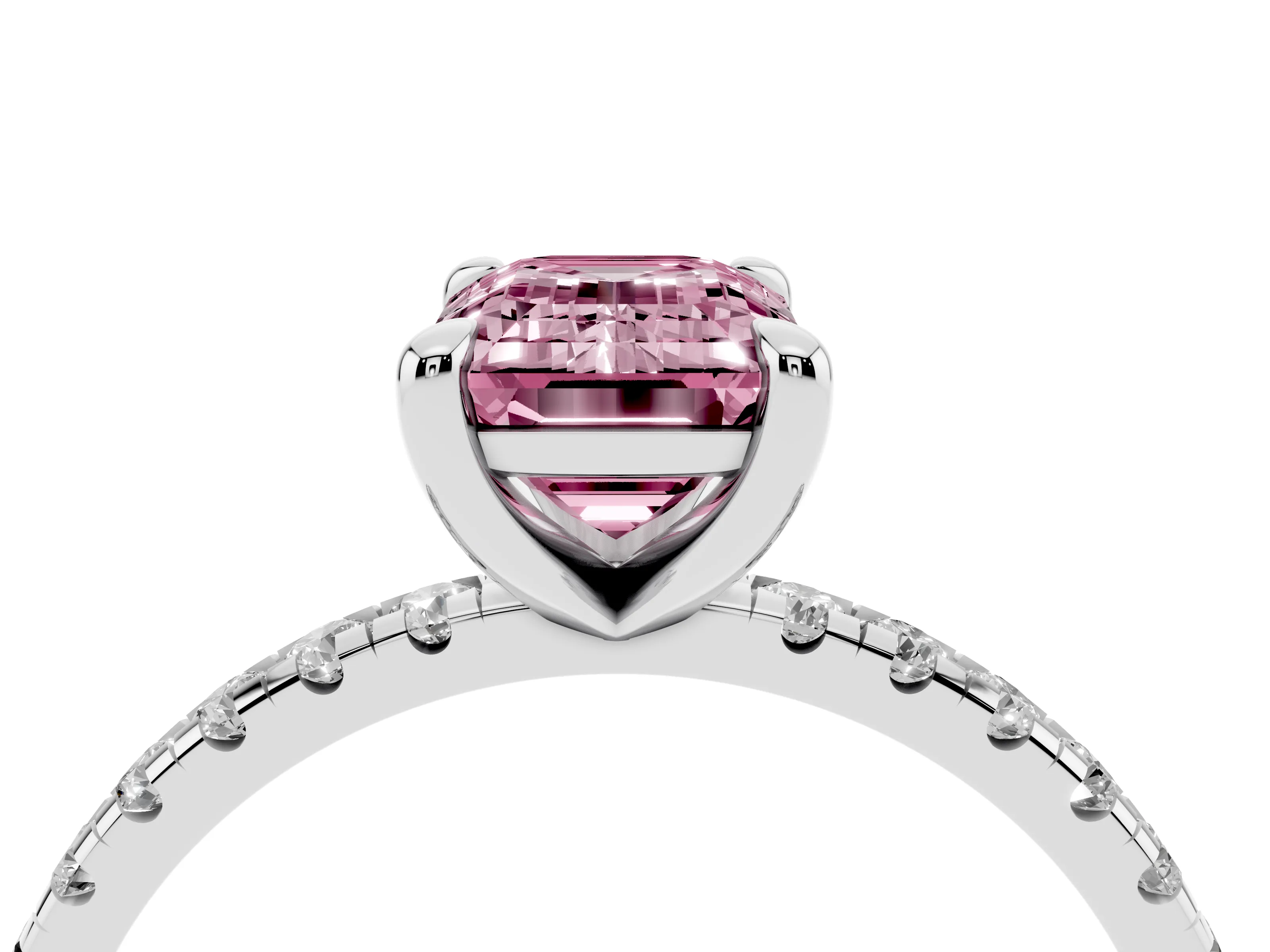 Fancy Pink Emerald Cut Diamond Brilliant Solitaire Ring Set in White gold with Pavé Band and Prong Setting