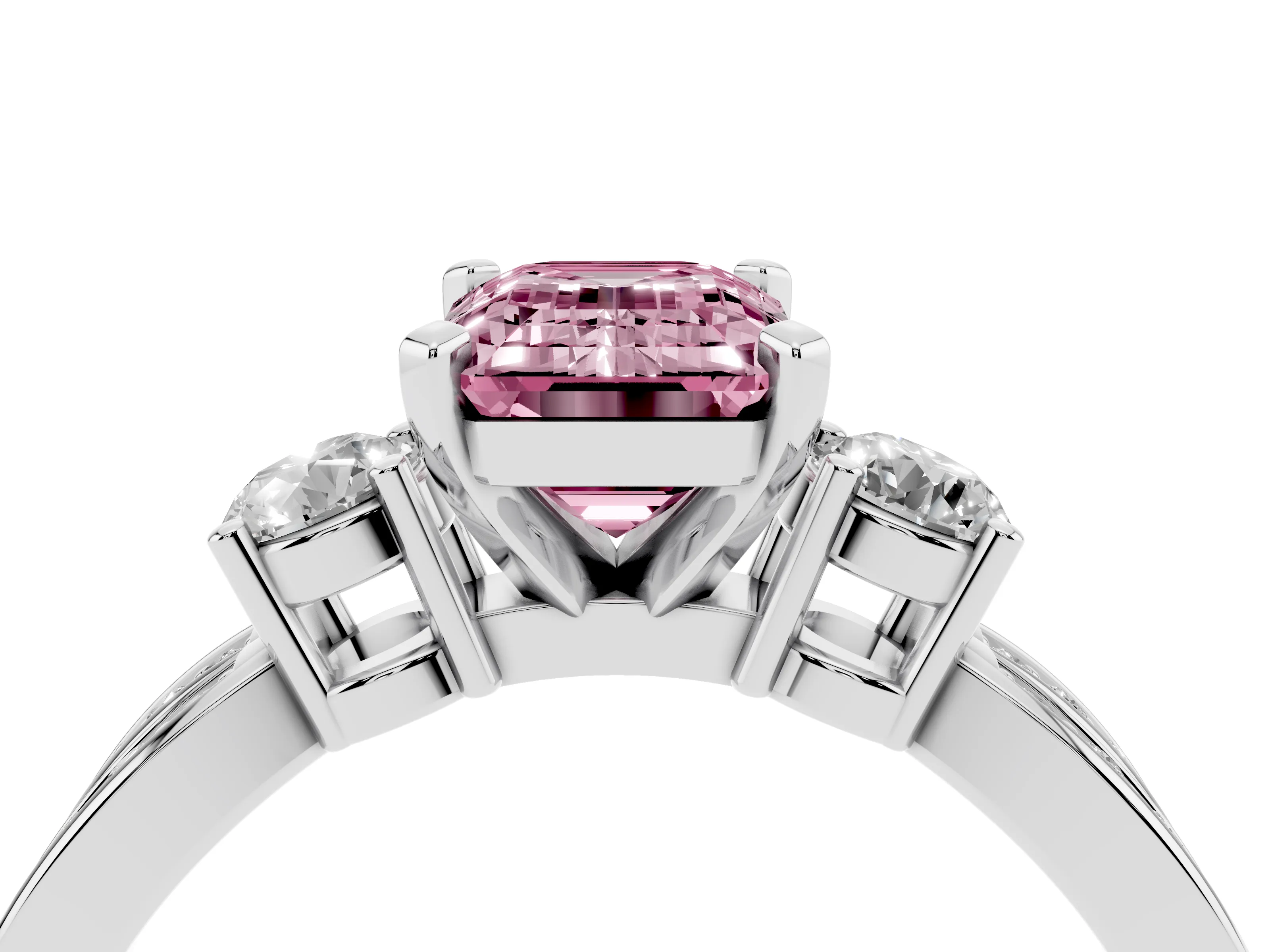Fancy Pink Three-Stone Emerald Cut Diamond Twist Band Ring Set in Silver with Pavé Accents and Prong Setting