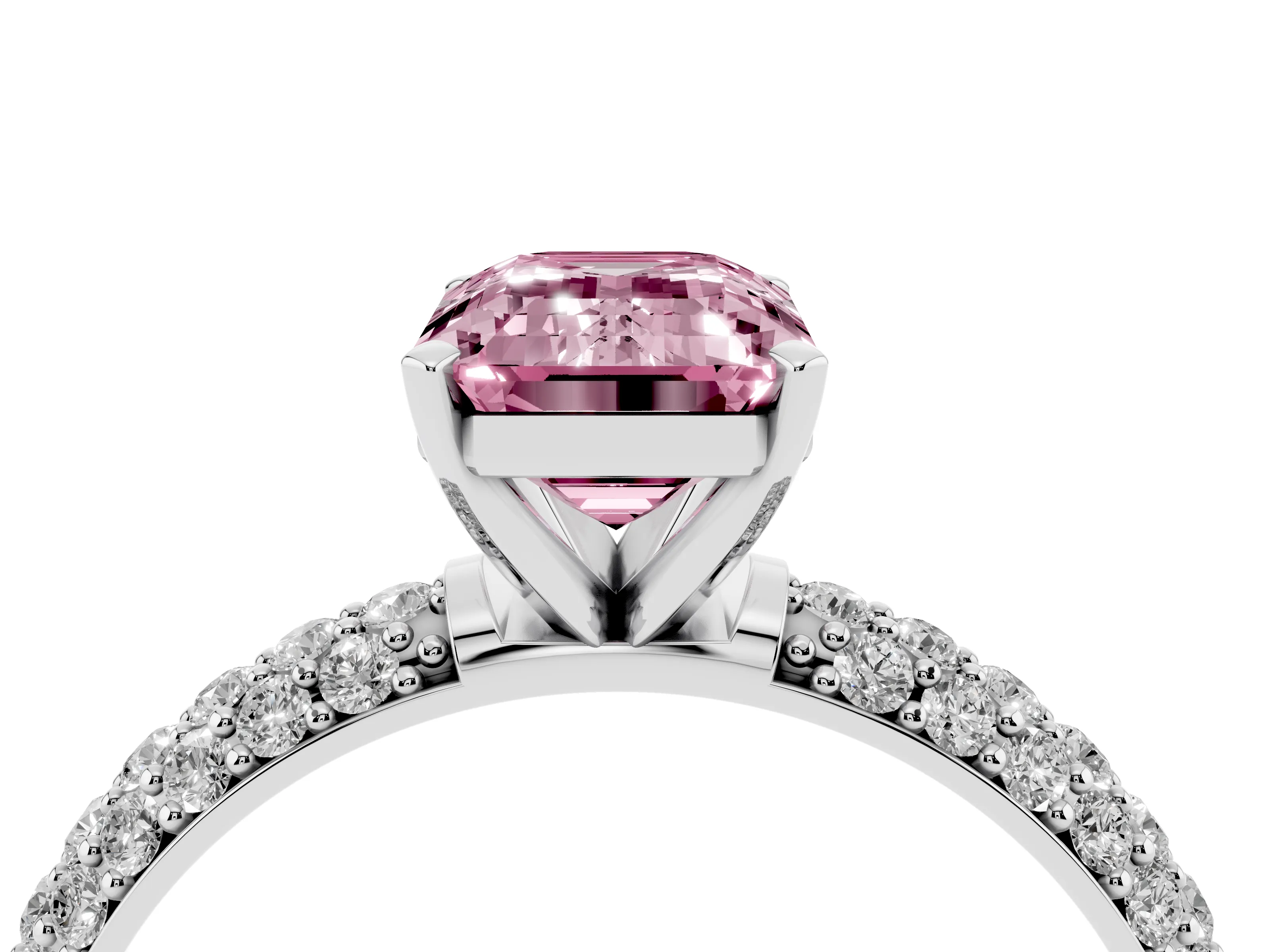 Fancy Pink Emerald Cut Diamond Solitaire Ring Set in Platinum with Prong Setting and Pavé-Set Band