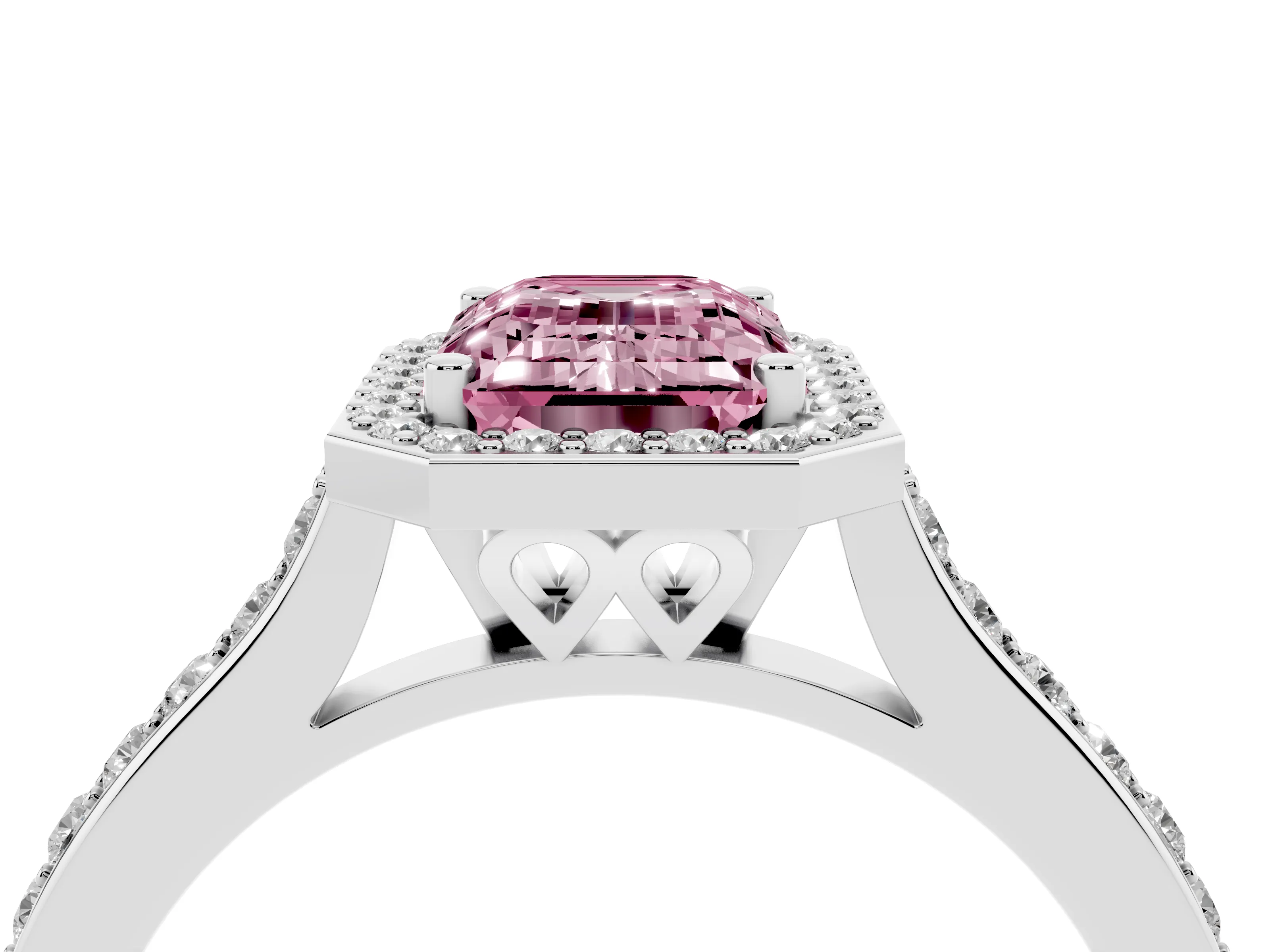 Fancy Pink Emerald Cut Diamond Halo Engagement Ring Set in White gold with Round Pavé Shoulders and Heart Gallery
