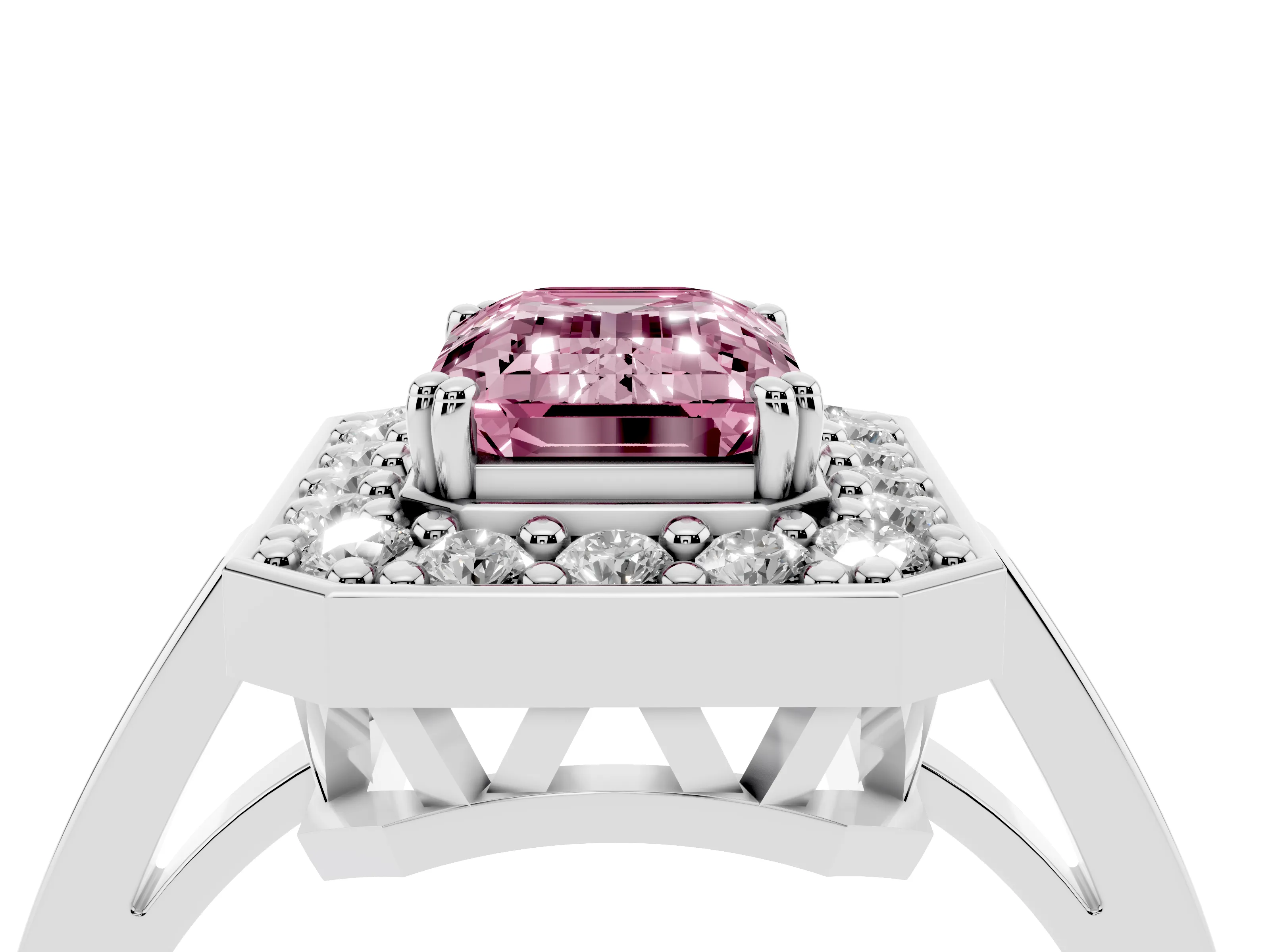 Fancy Pink Emerald Cut Diamond Halo Ring Set in White gold with Accent-Lined Split Shank and Prong Setting